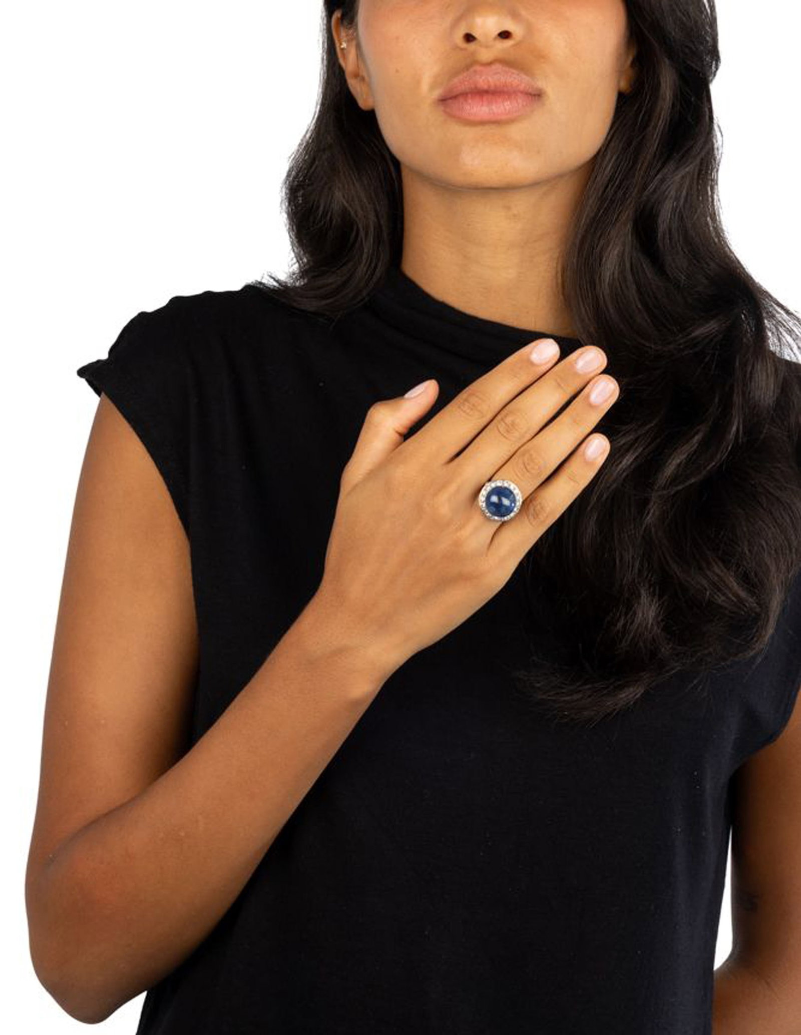 Bague en argent sertie d'un cabochon de saphir entouré de diamants taille brillant, doigt 50-10 - 4