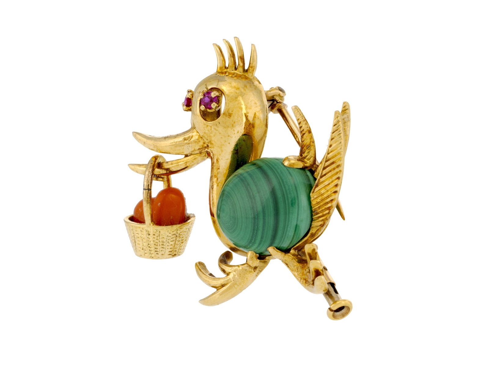 Broche canard années 1960 en or 750 et malachite, tenant un panier contenant un cœur en co - 2