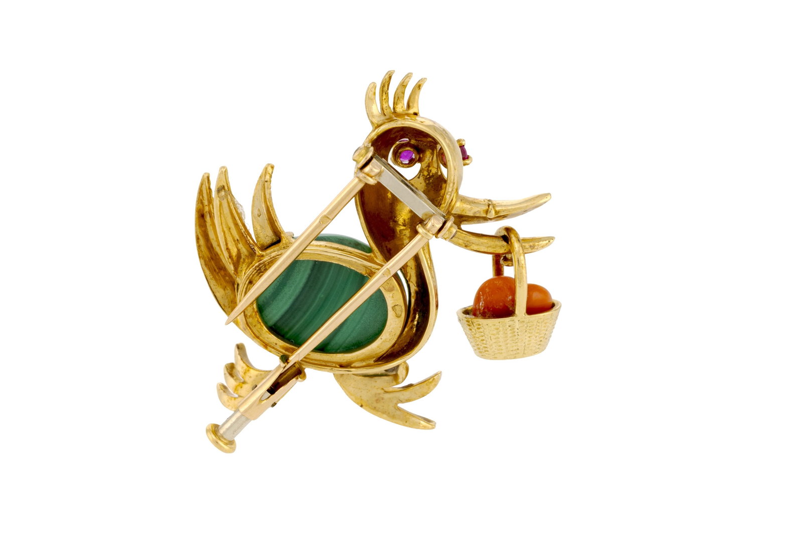 Broche canard années 1960 en or 750 et malachite, tenant un panier contenant un cœur en co - 3