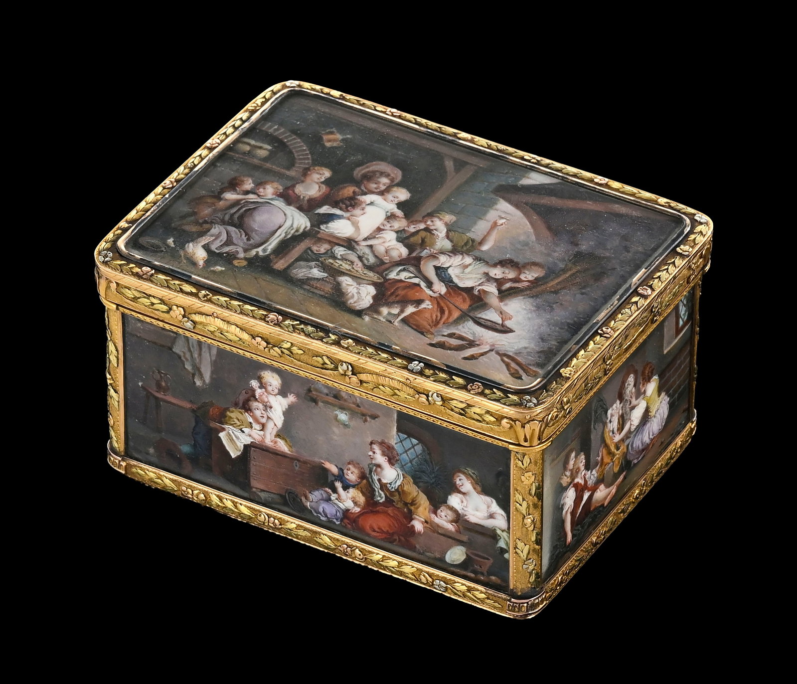 Boîte à miniatures à trois ors, probablement Hanau, fin XVIIIe s. De forme rectangula: Boîte à miniatures à trois ors, probablement Hanau, fin XVIIIe s. De forme rectangulaire à angles arrondis, à monture en cage, le couvercle orné d'une miniature sur