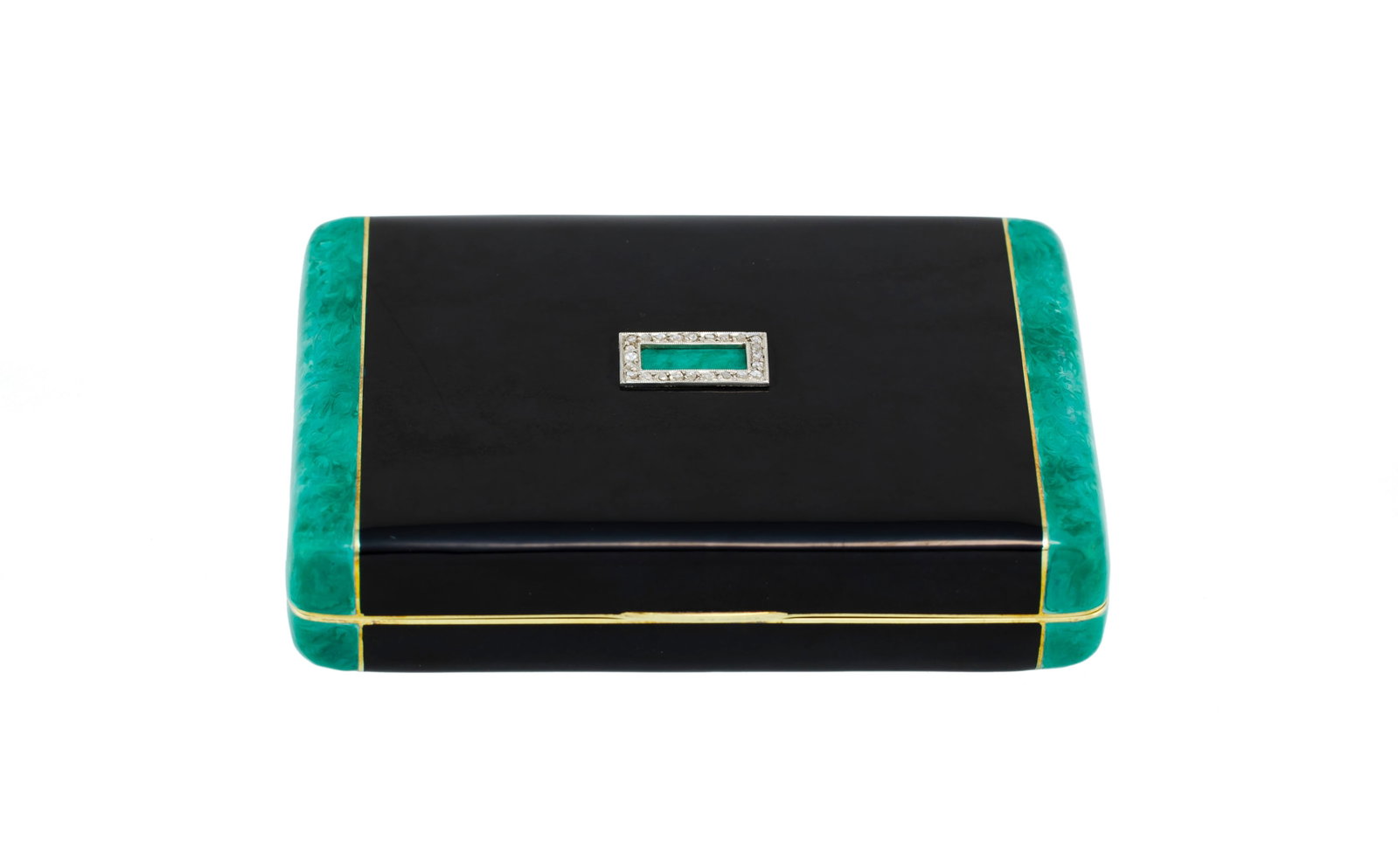Boîte Art Déco en or 585 émaillée en noir et vert surmontée d'un motif rect - 2