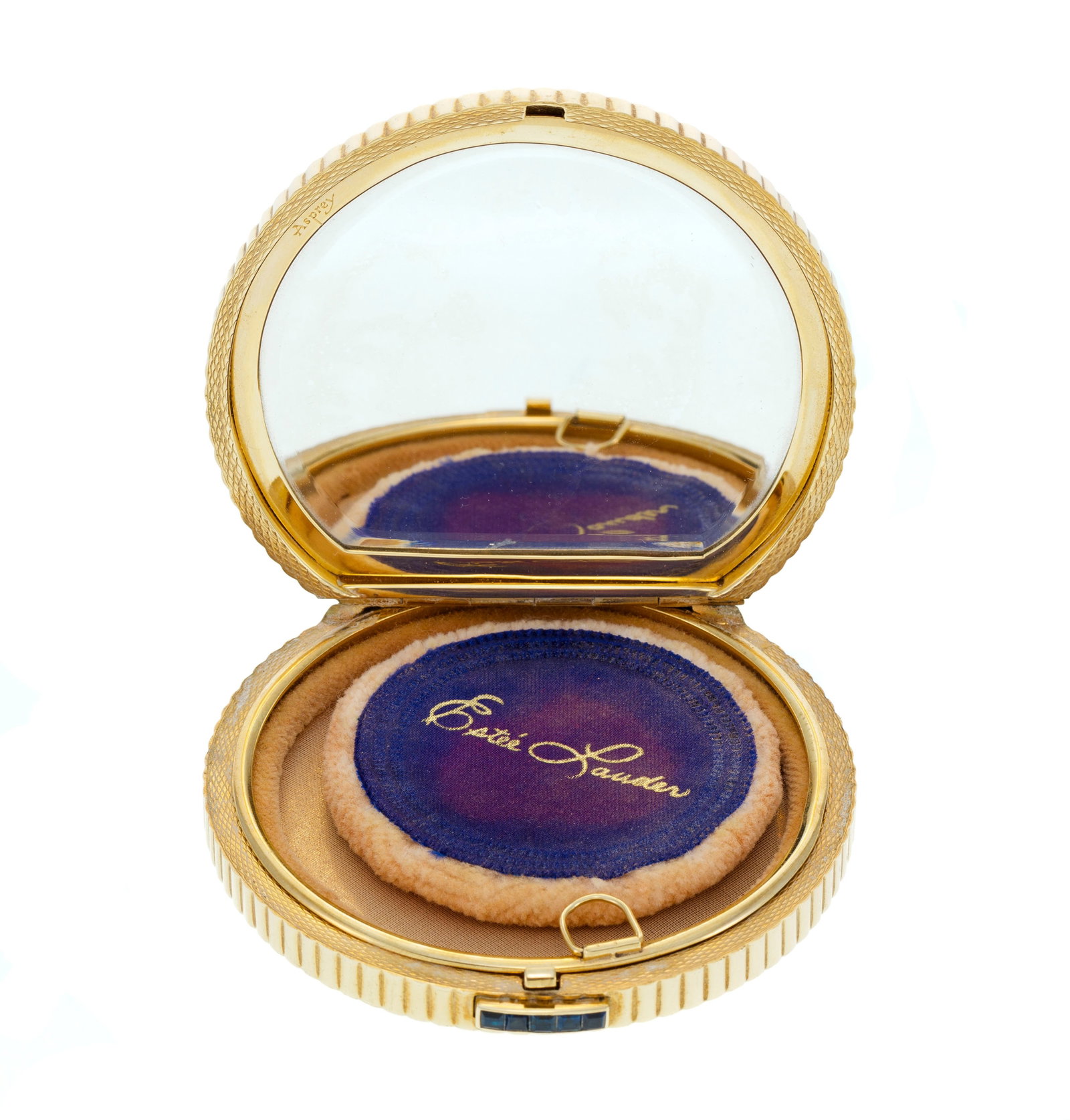 Asprey, poudrier circulaire en or rose 375 à décor rayonnant, le poussoir serti de saphirs - 2