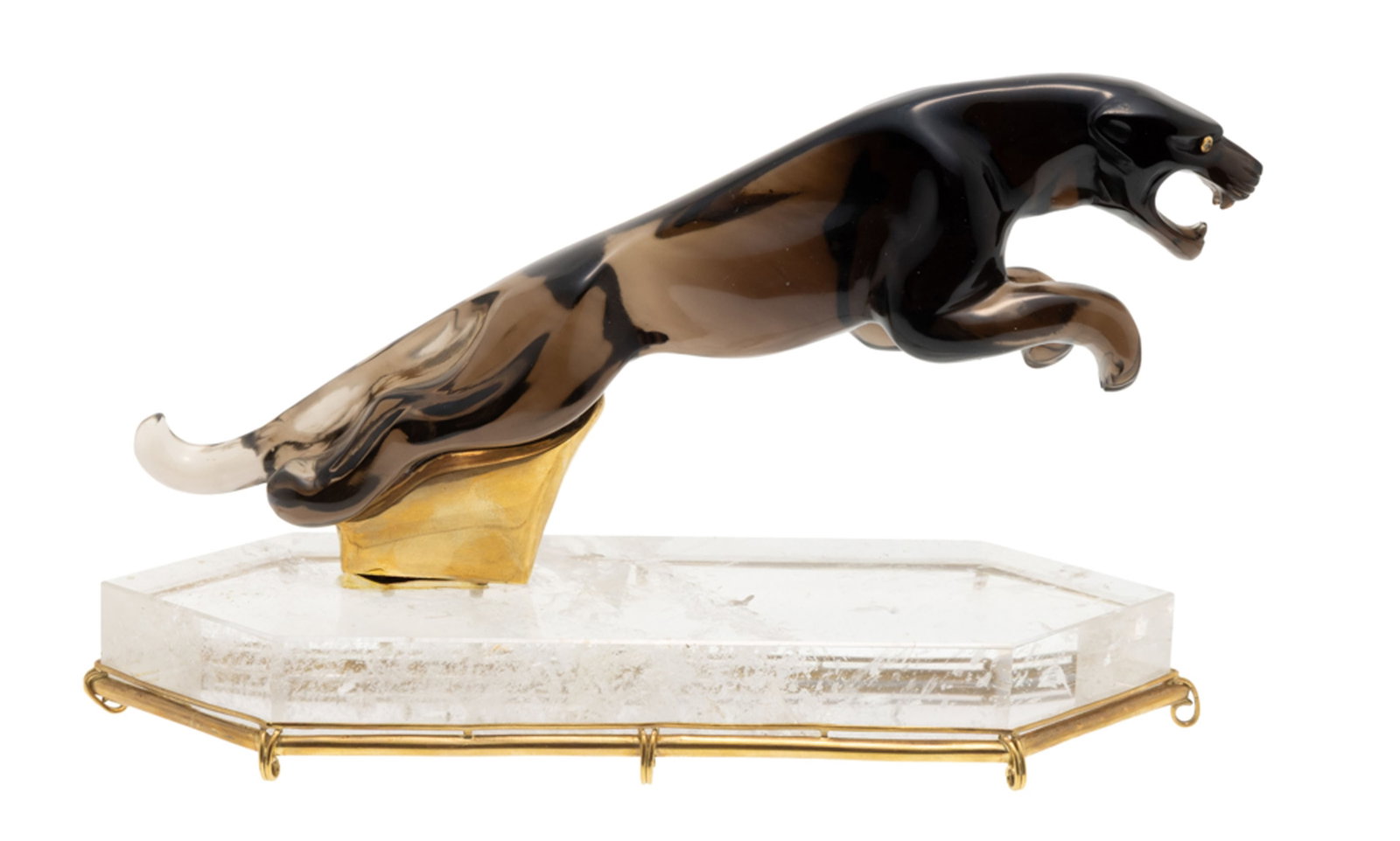 Sculpture de jaguar bondissant en quartz fumé, les yeux sertis de deux diamants taille brillant - 2