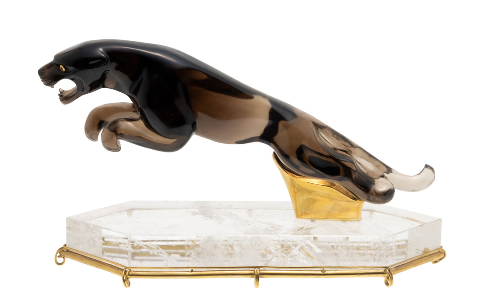 Sculpture de jaguar bondissant en quartz fumé, les yeux sertis de deux diamants taille brillant - 3