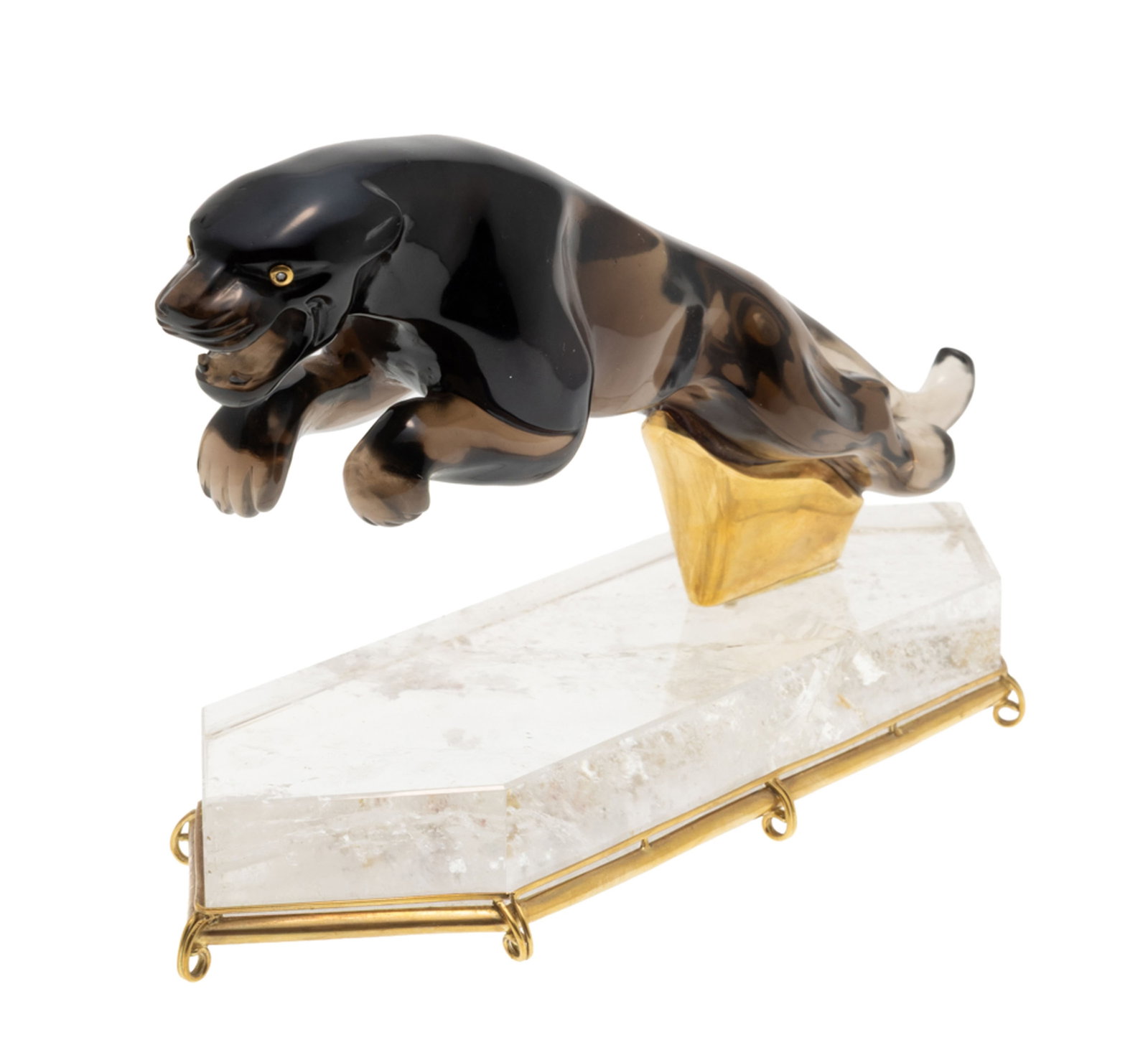 Sculpture de jaguar bondissant en quartz fumé, les yeux sertis de deux diamants taille brillant - 4