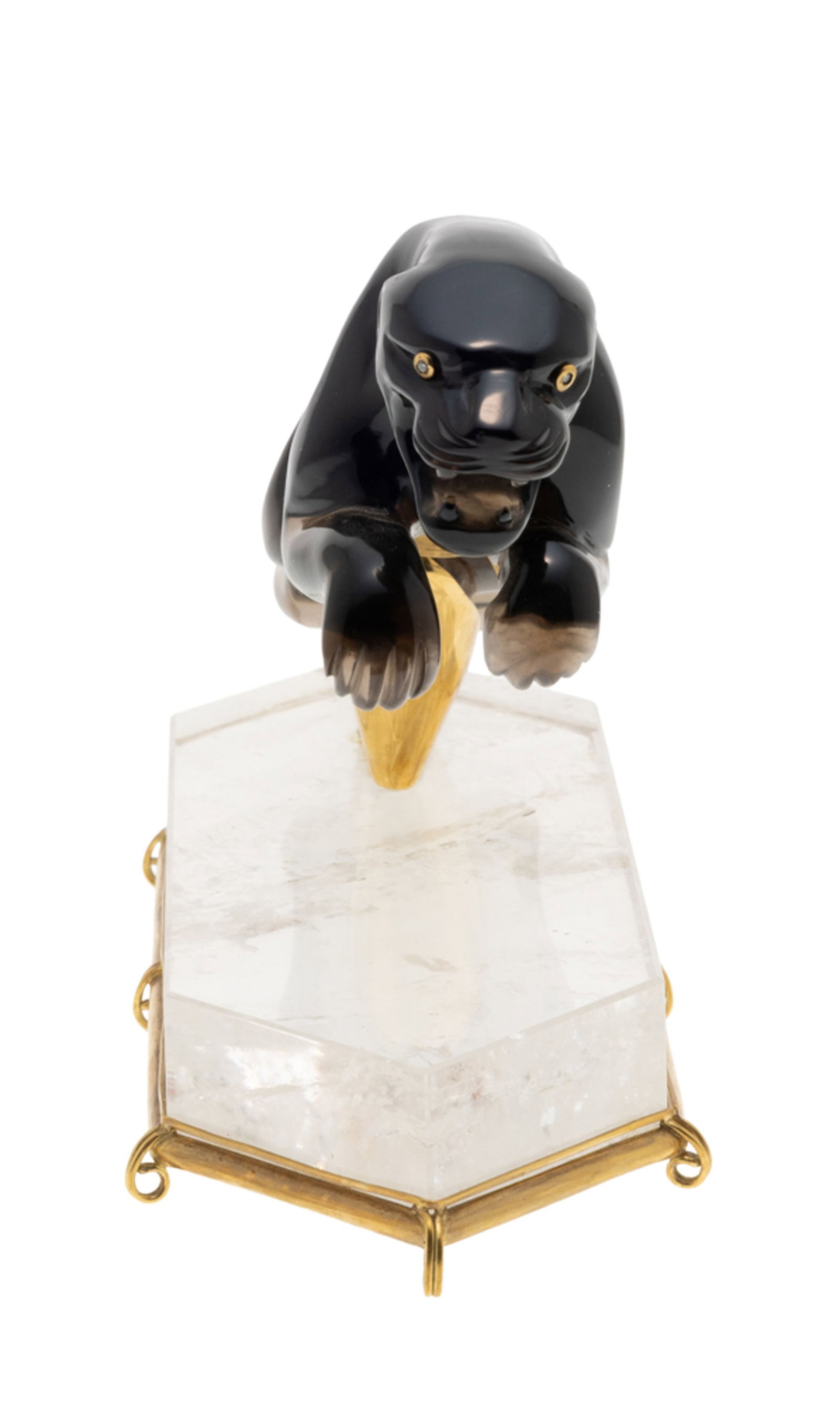 Sculpture de jaguar bondissant en quartz fumé, les yeux sertis de deux diamants taille brillant - 7