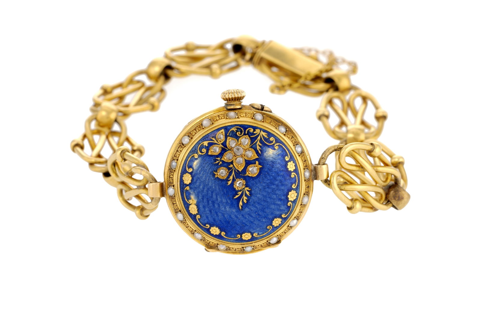 LeCoultre, montre de poche transformée en montre-bracelet en or 750 et émail bleu orné - 2