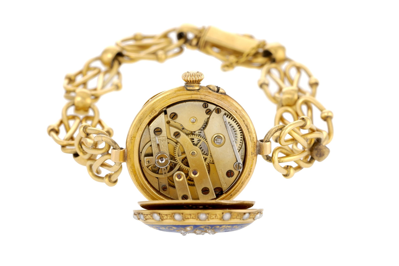 LeCoultre, montre de poche transformée en montre-bracelet en or 750 et émail bleu orné - 6