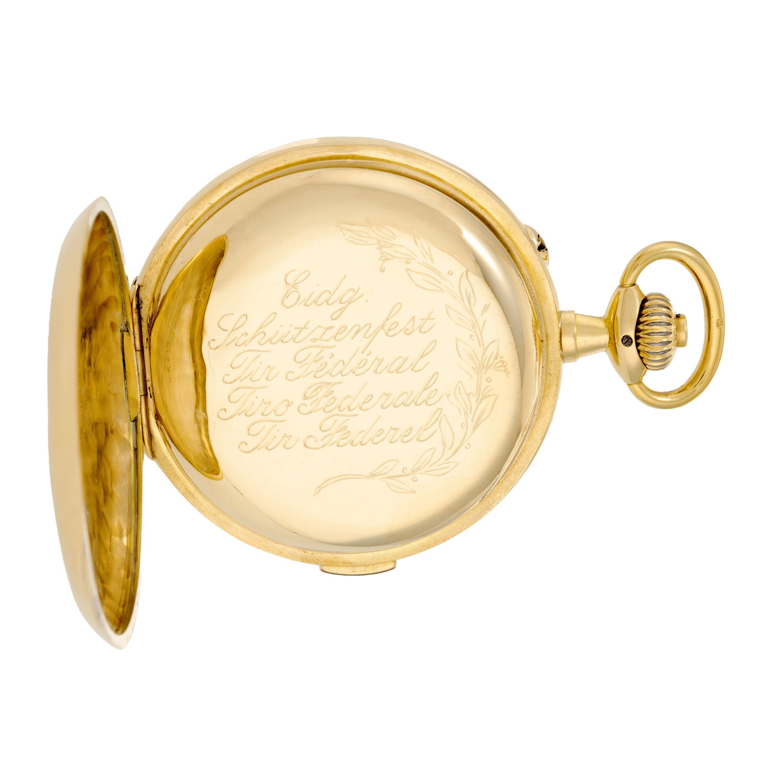 Montre de poche chronographe savonnette en or 750, pour le Tir Fédéral de Bière Mou - 5