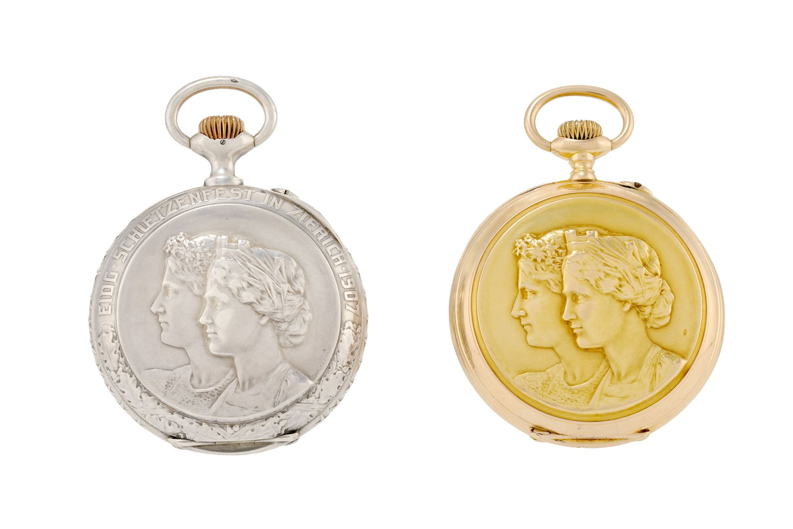 Lot de 2 montres de poche petites secondes, Pour le Tir Fédéral, Zurich, 1907, ornées - 2