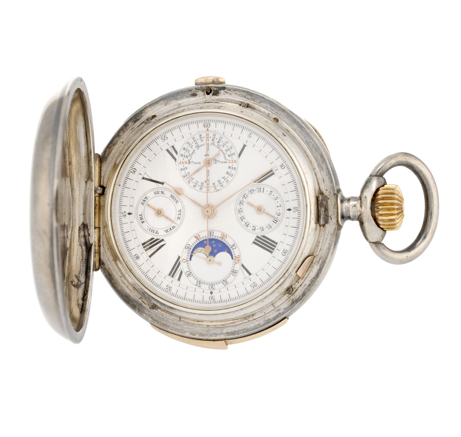A. Perrenoud & Cie, montre de poche savonnette chronographe en argent à répétition av - 4
