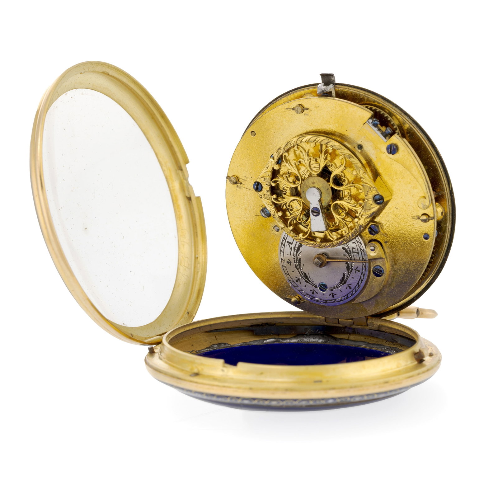 Montre de poche à coq en laiton, or et émail, fin XVIIIe, début XIXe s. Mouvement: m - 4