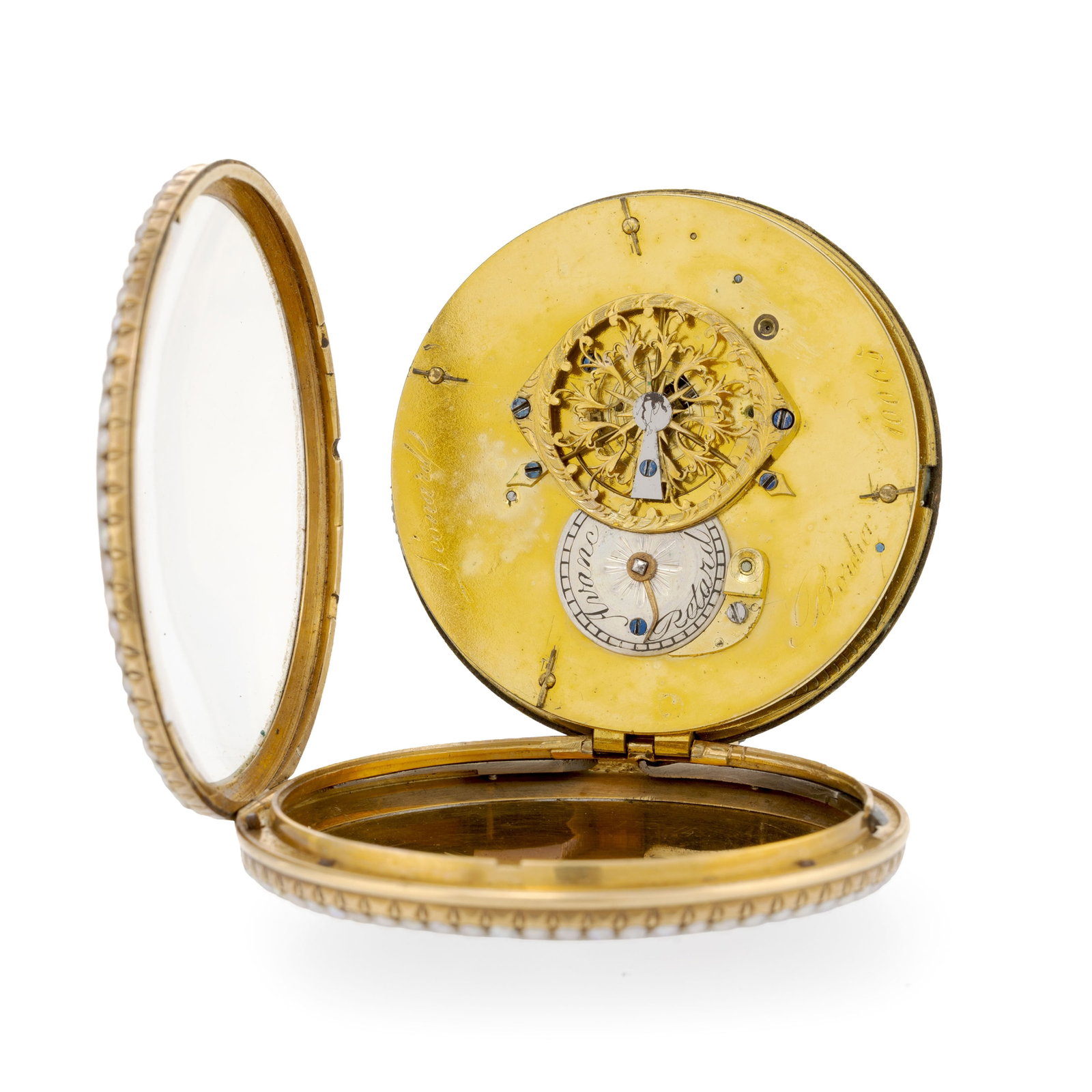 Léonard Bordier, montre de poche à coq en or 750 ornée d'une scène galante é - 4