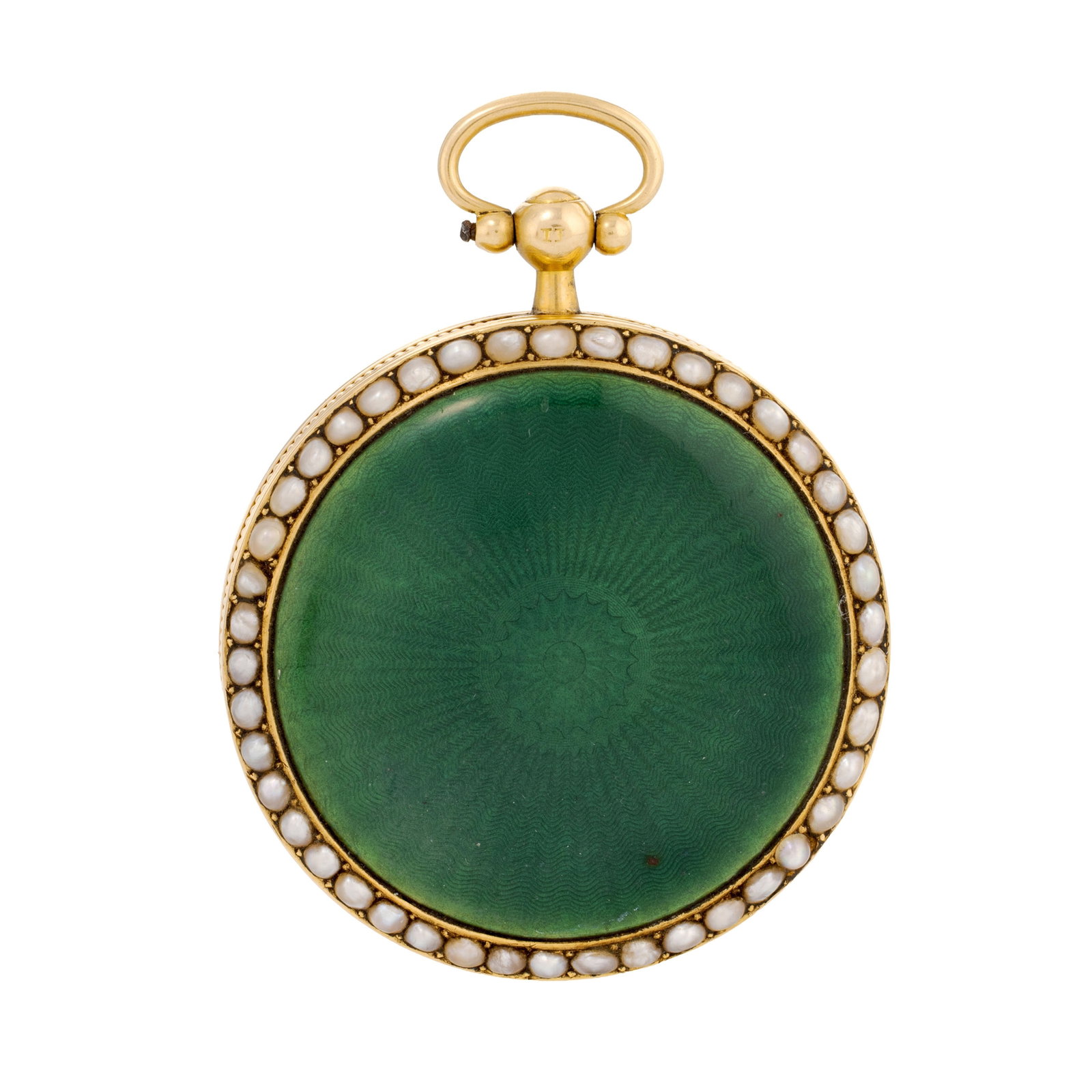 Montre de poche à coq en or 750 et émail vert ornée de demi perles (non testée)  - 2