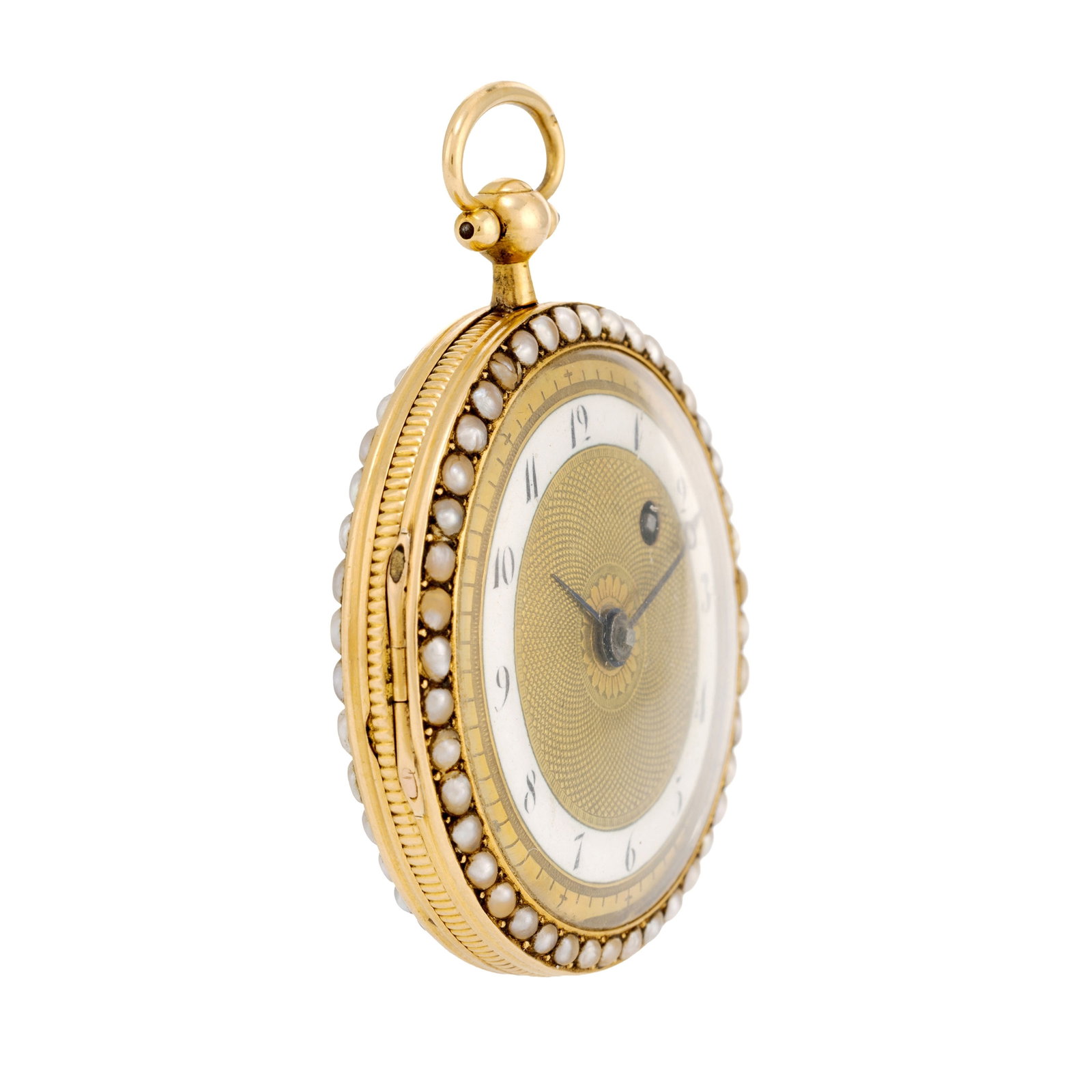 Montre de poche à coq en or 750 et émail vert ornée de demi perles (non testée)  - 3