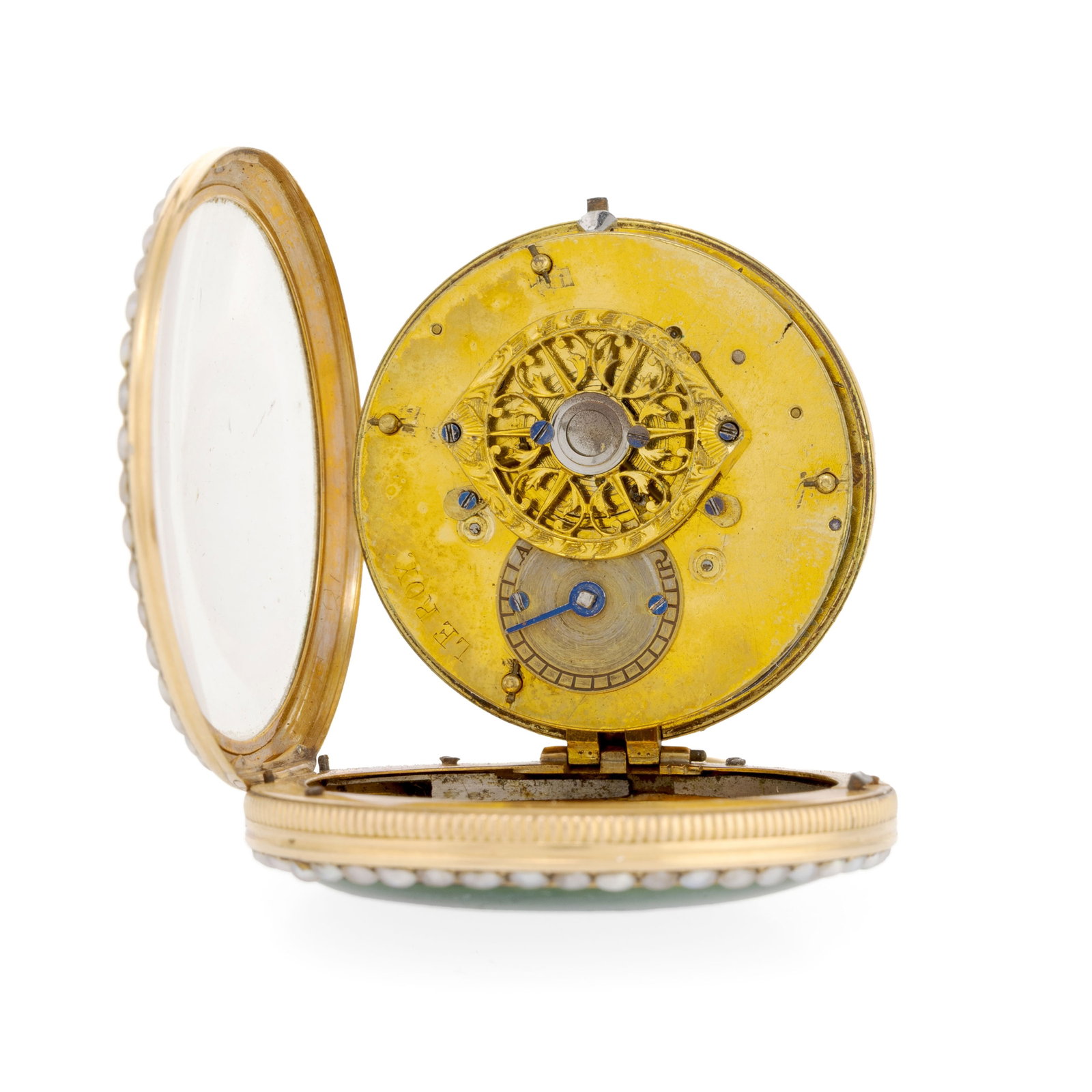 Montre de poche à coq en or 750 et émail vert ornée de demi perles (non testée)  - 4