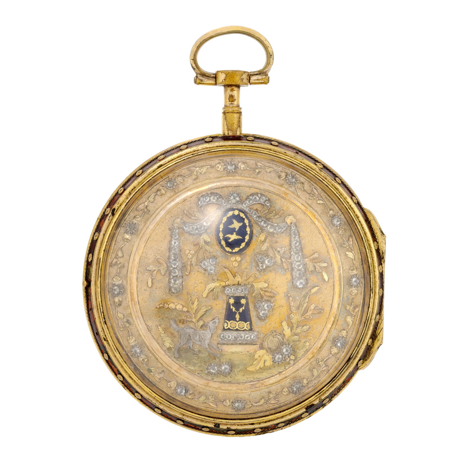 Montre de poche à coq en laiton et argent sertie de pâte de verre avec boîtier de pro - 2