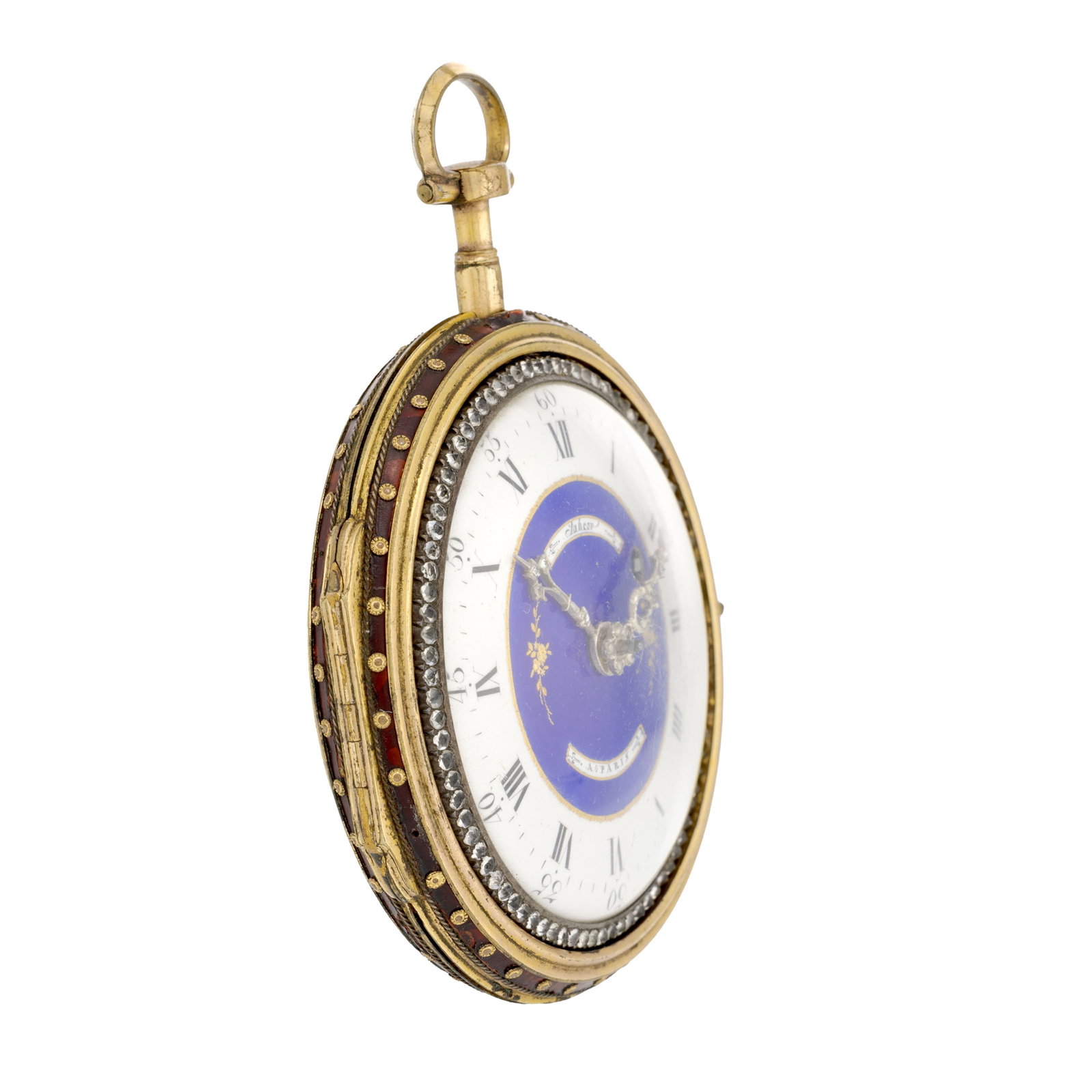 Montre de poche à coq en laiton et argent sertie de pâte de verre avec boîtier de pro - 3