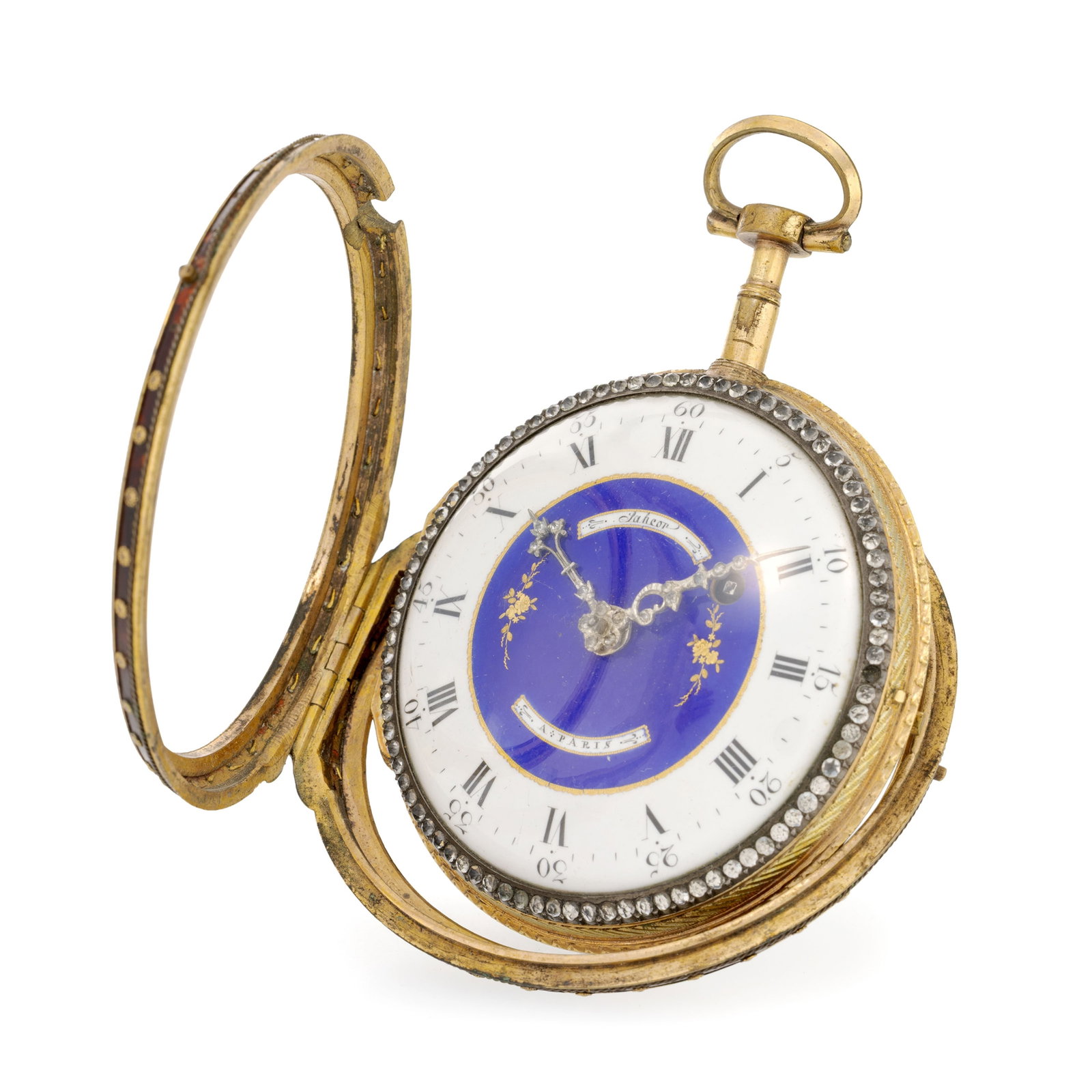 Montre de poche à coq en laiton et argent sertie de pâte de verre avec boîtier de pro - 4