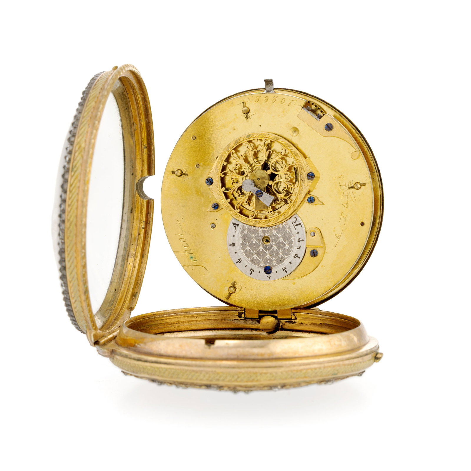 Montre de poche à coq en laiton et argent sertie de pâte de verre avec boîtier de pro - 8