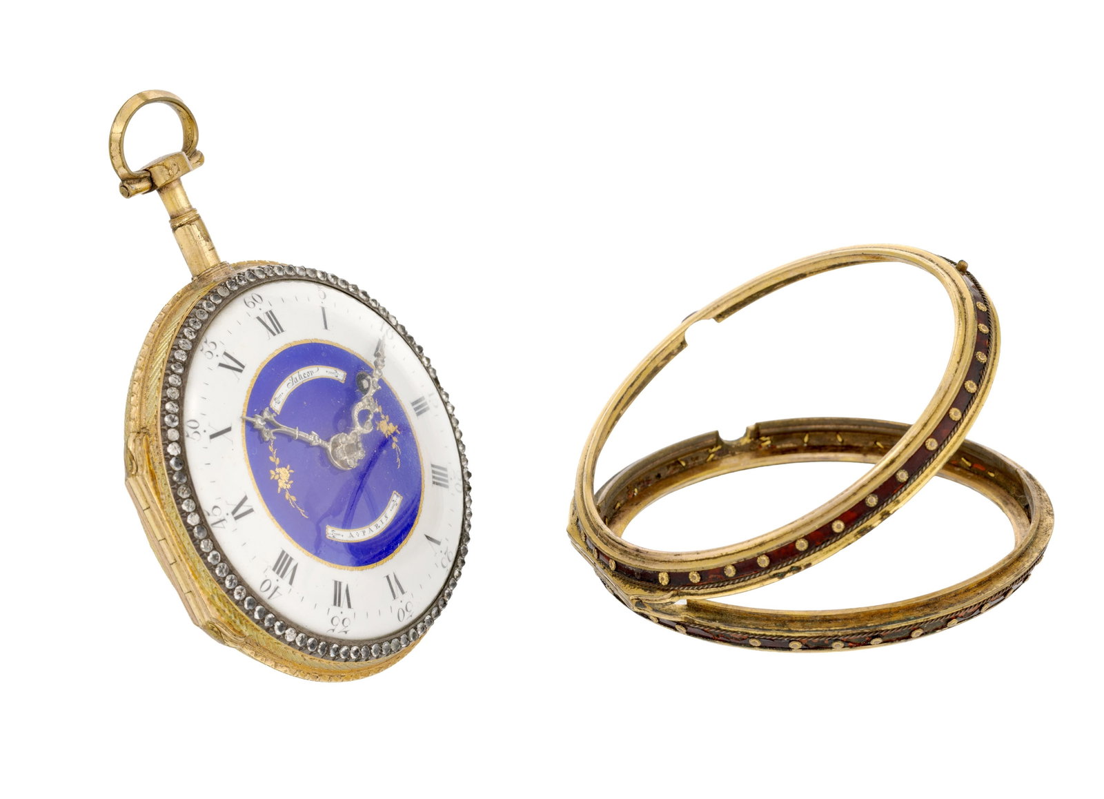 Montre de poche à coq en laiton et argent sertie de pâte de verre avec boîtier de pro - 9