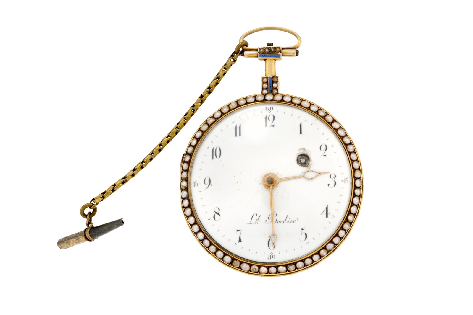 Léonard Bordier, montre de poche à coq en or ornée d'une scène émaillé: Léonard Bordier, montre de poche à coq en or ornée d'une scène émaillée entourée de demi perles, fin XVIIIe s. Mouvement: mécanique, n°6113 Boîtier: