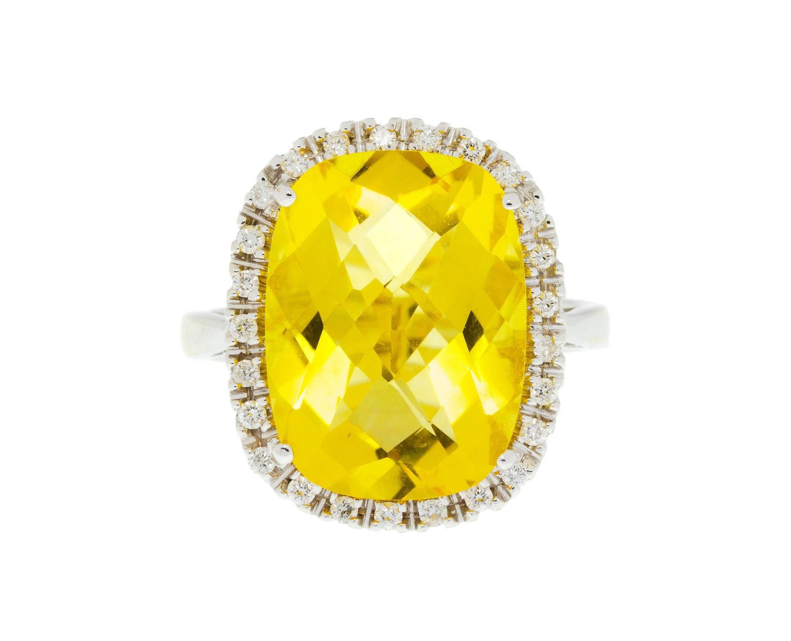 Bague or gris 750 sertie d'une citrine facettée entourée de diamants taille brillant, doig (1 of 4)