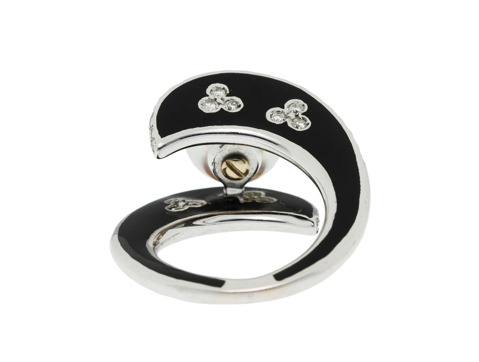 Bague or gris 750 et résine noire sertie de diamants taille brillant et centrant une perle de c - 4