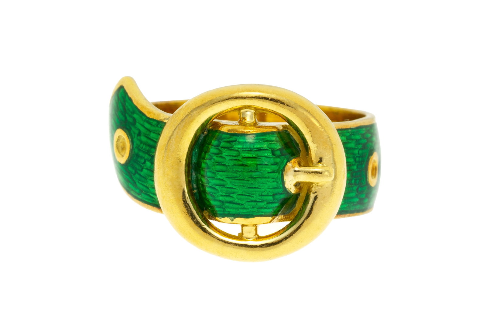 Gübelin, bague ceinture en or 750 et émail vert, signée, doigt 46-6, 6g: Gübelin, bague ceinture en or 750 et émail vert, signée, doigt 46-6, 6g Condition Bon état de conservation général. Présence de rayures et micro rayures d'usage