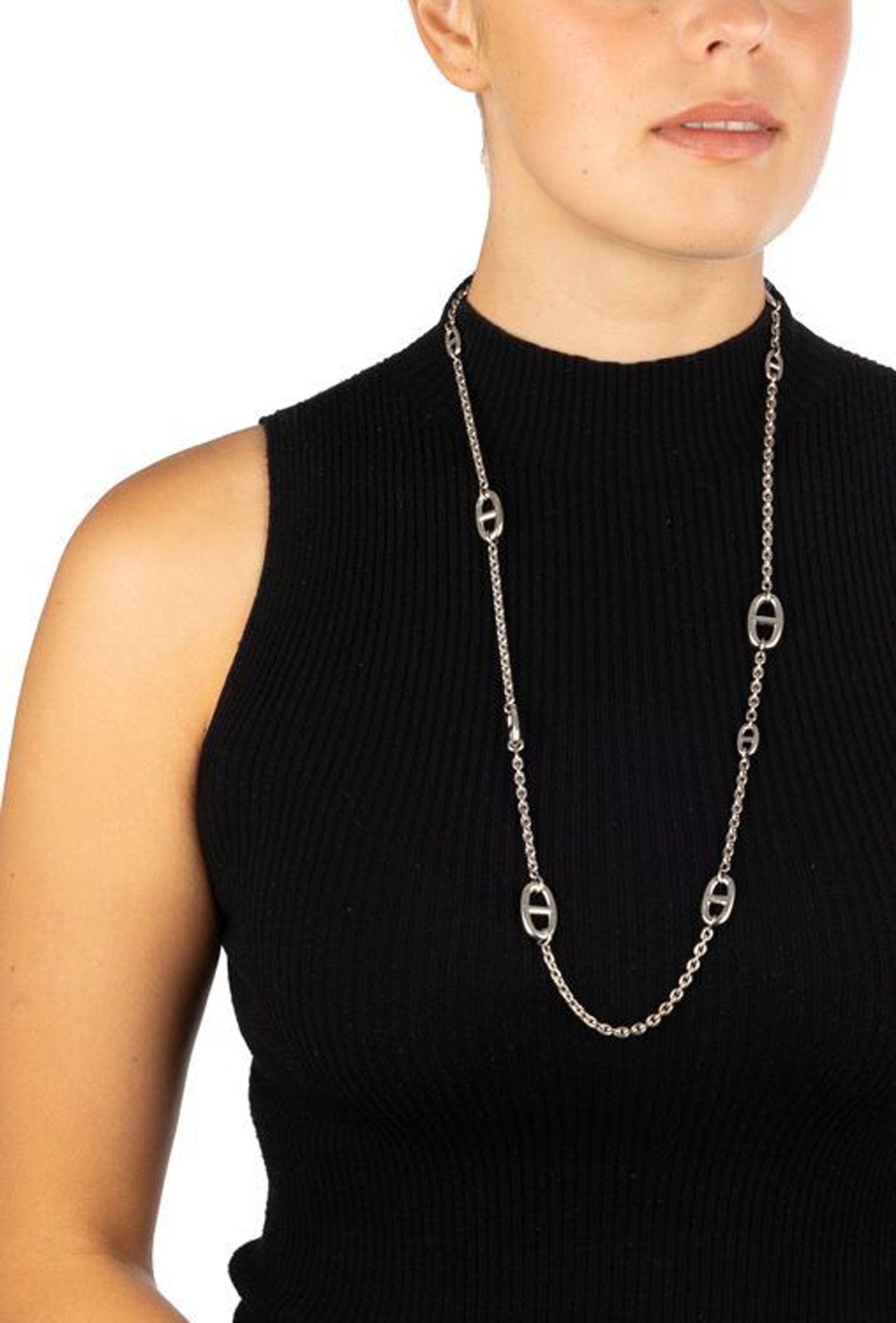 Hermès, Chaîne d'Ancre, sautoir en argent à maille forçat et marine, signé, - 2