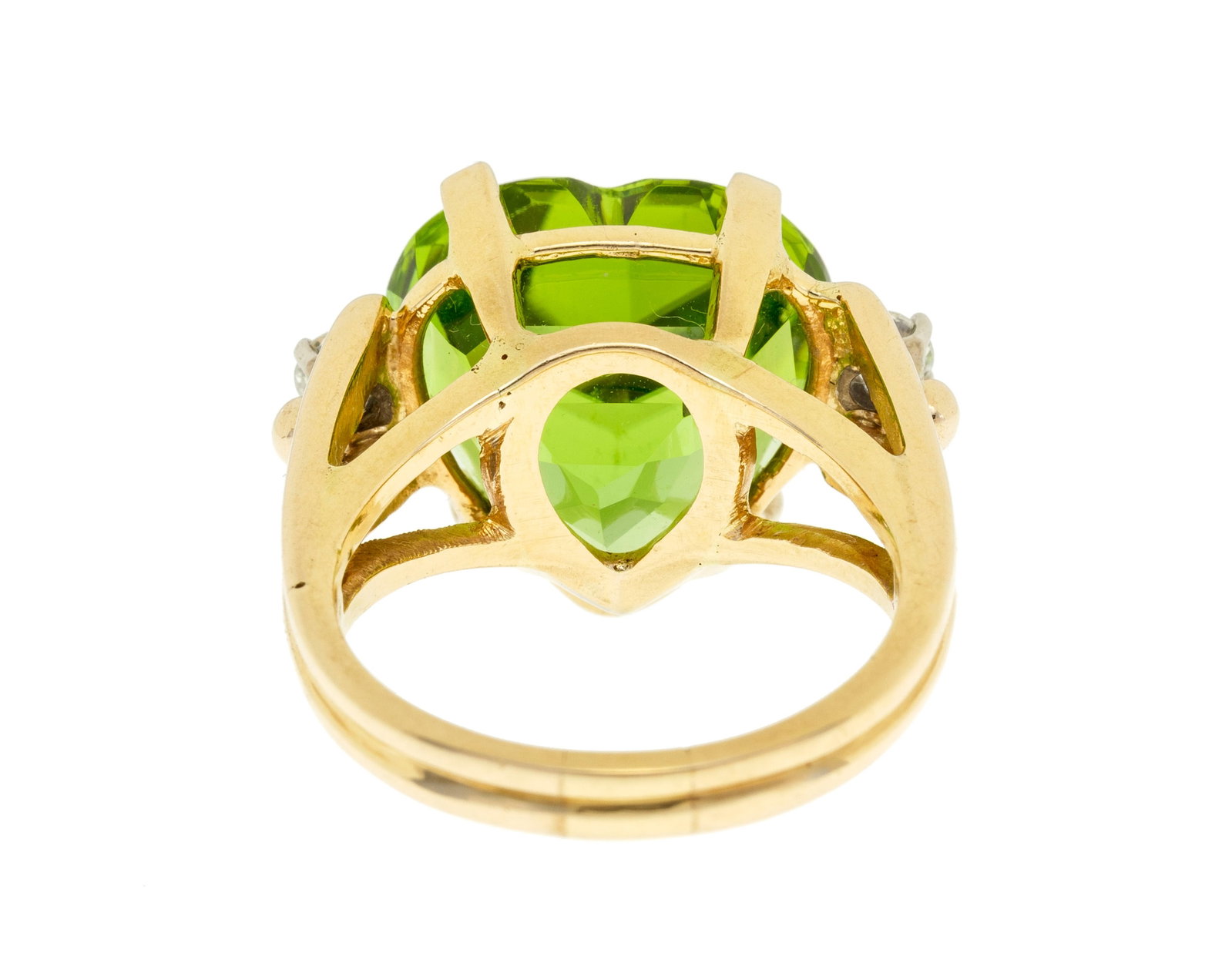 Bague or 585 sertie d'un péridot taille cœur épaulé de deux diamants taille bril - 3