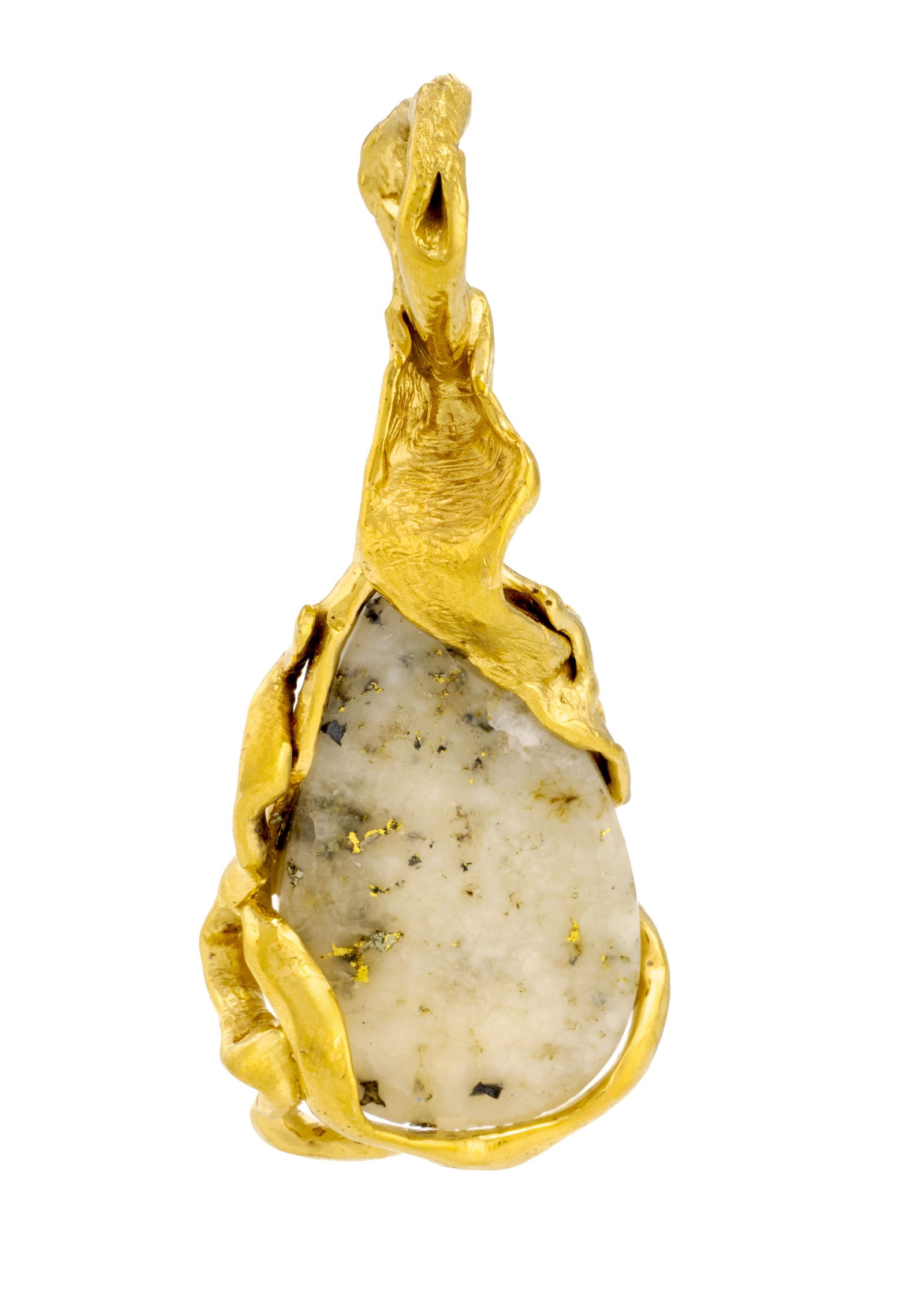 Gilbert Albert, pendentif or 750 froissé enserrant une goutte de quartz aurifère, sign - 3