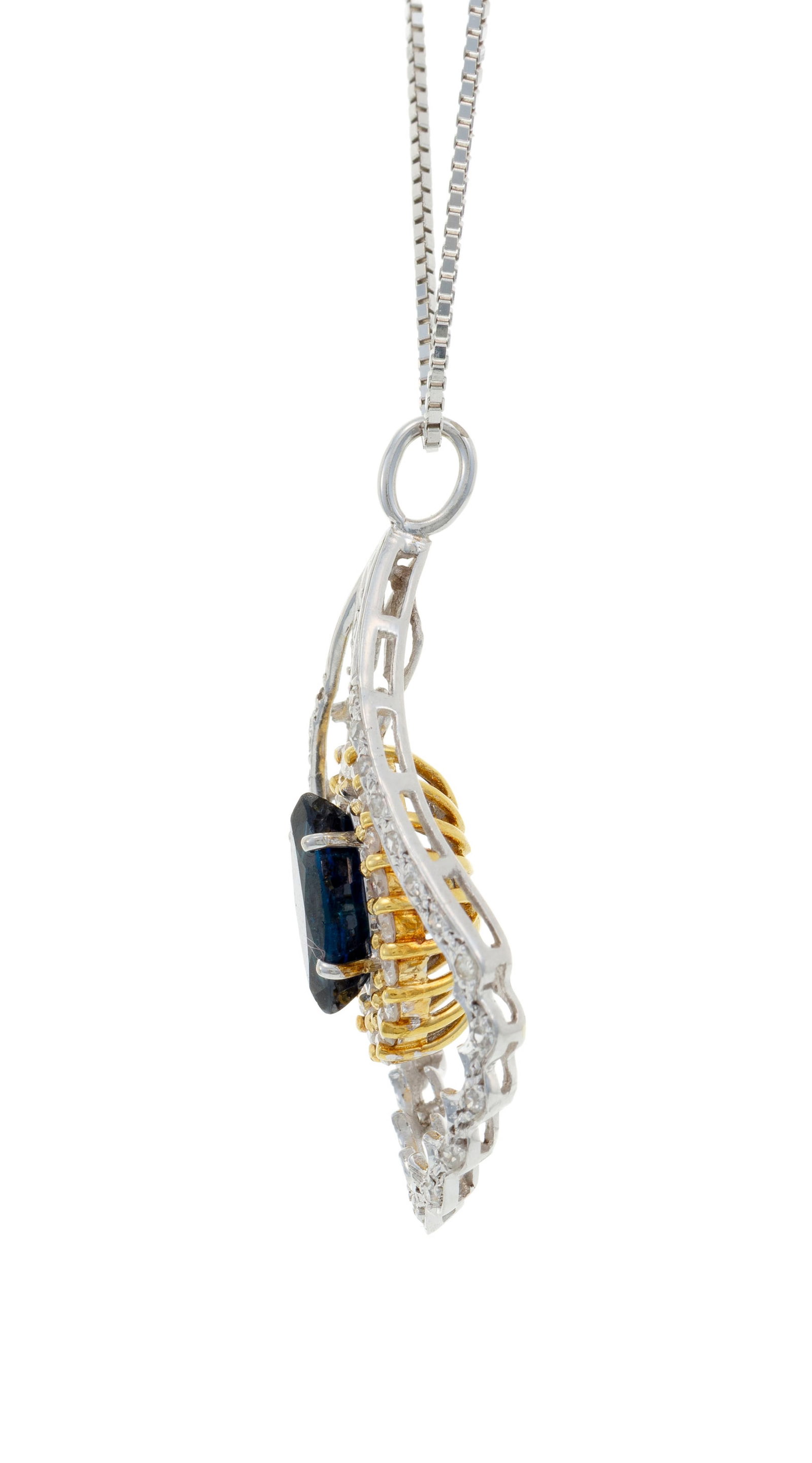 Pendentif 2 ors 750 à motif godronné serti d'un saphir taille marquise en pampille entour& - 2