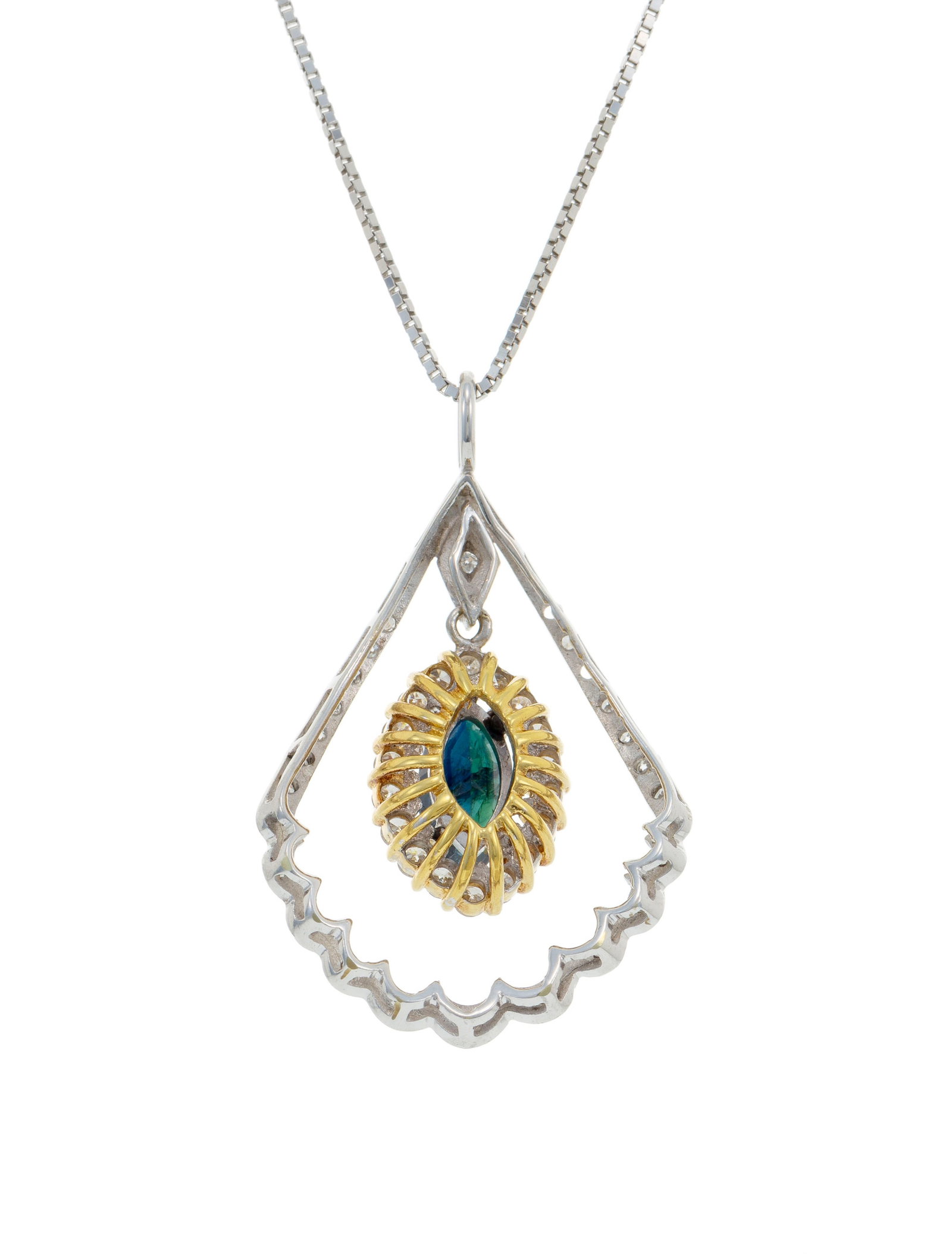 Pendentif 2 ors 750 à motif godronné serti d'un saphir taille marquise en pampille entour& - 3