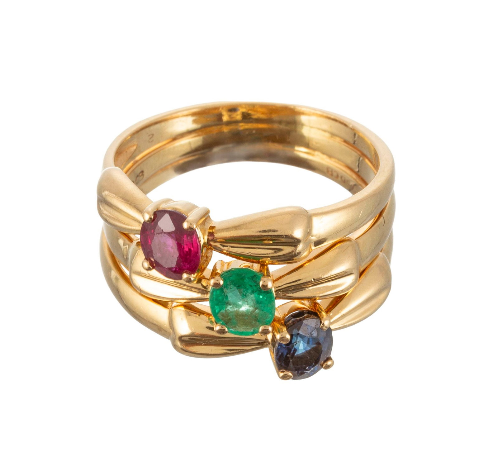 Bucherer, bague or 750 à motif de nœuds sertie d'un rubis, d'une émeraude et d'un sap - 2
