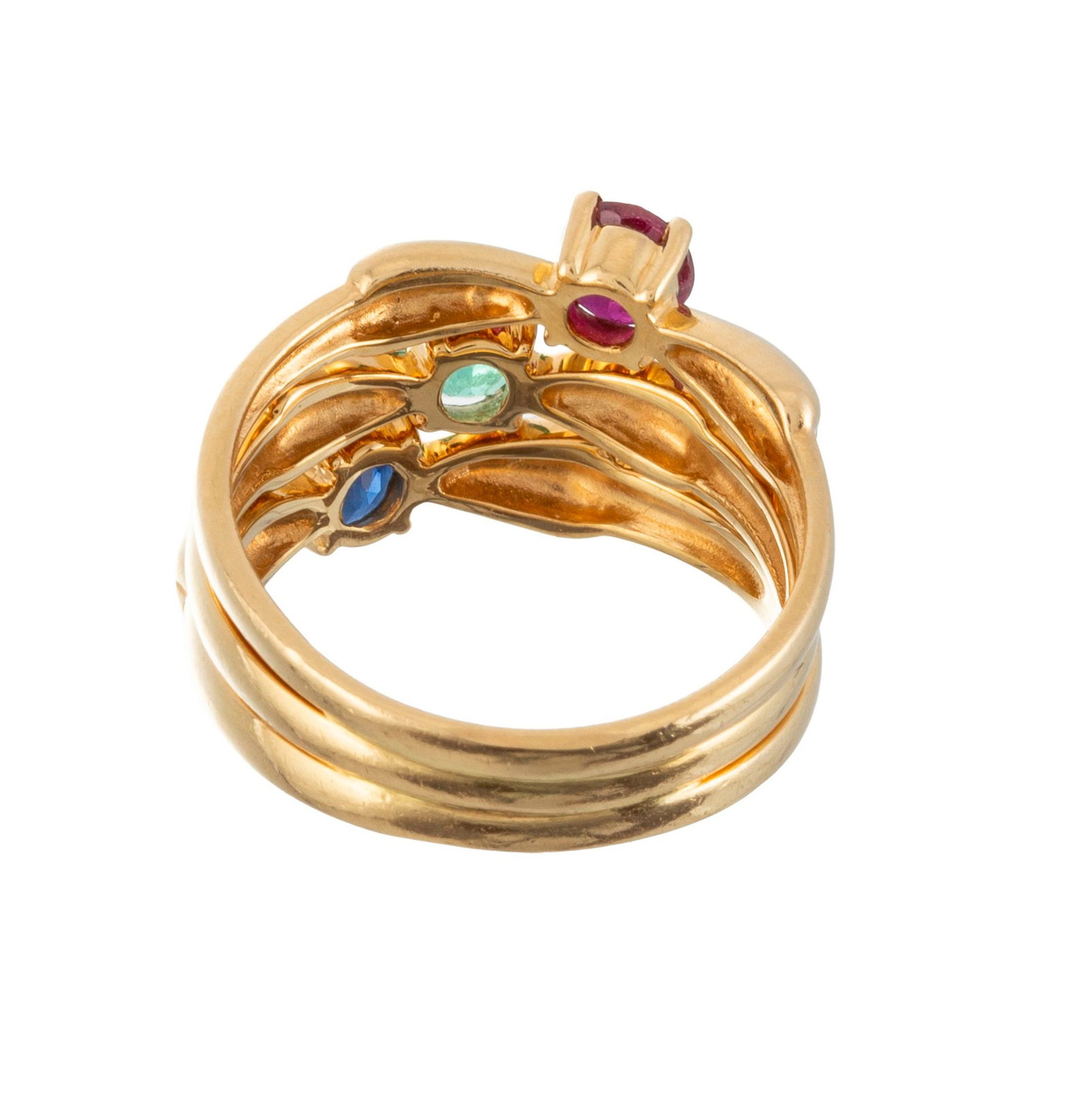 Bucherer, bague or 750 à motif de nœuds sertie d'un rubis, d'une émeraude et d'un sap - 3