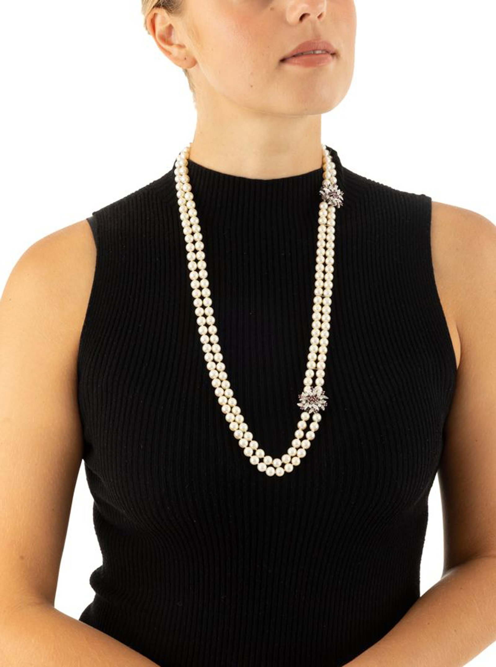 Sautoir composé d'un collier et d'un bracelet, deux rangs de perles de culture blanches, fermoi - 4