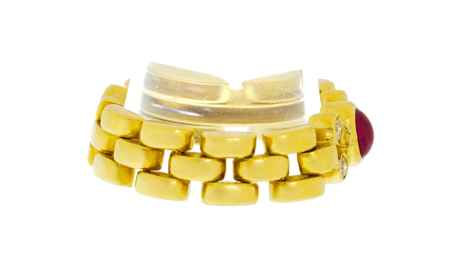 Bague souple or 750 centrant un cabochon de rubis épaulé de diamants taille brillant, doig - 2