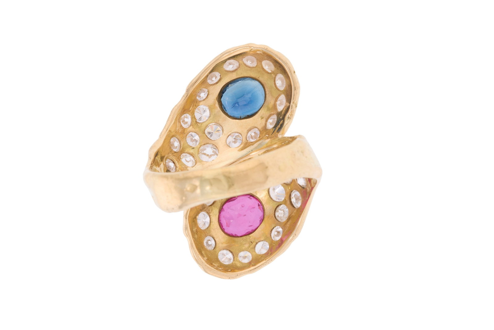 Bague Toi&Moi or 750 sertie d'un saphir et d'un rubis taille ovale entourés de diamants taille  - 3