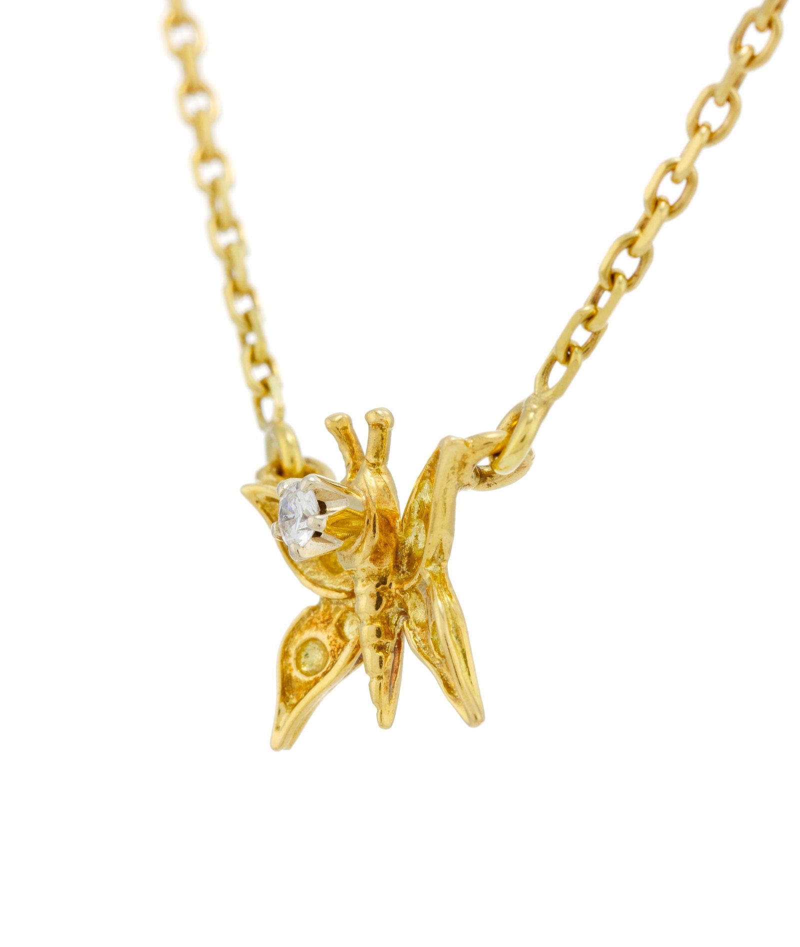 Collier or 750 à maille forçat limée retenant un centre papillon serti d'un diamant,  - 3