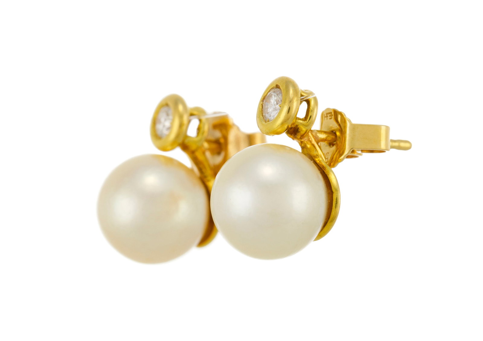Paire de clous d'oreilles or 585 ornées de perles de culture blanches surmontées de diaman - 2