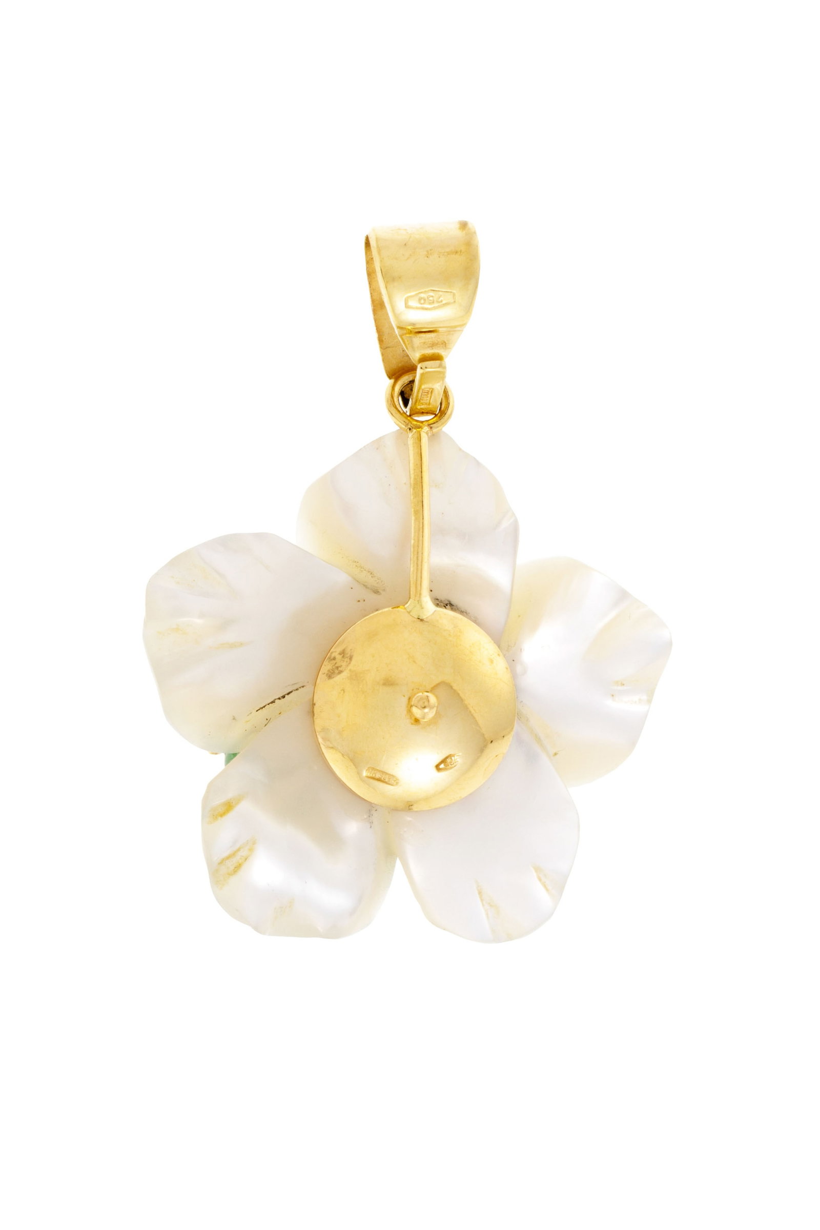 Pendentif fleur or 750, les pétales en nacre gravés et les pistils sertis de petites bille - 3