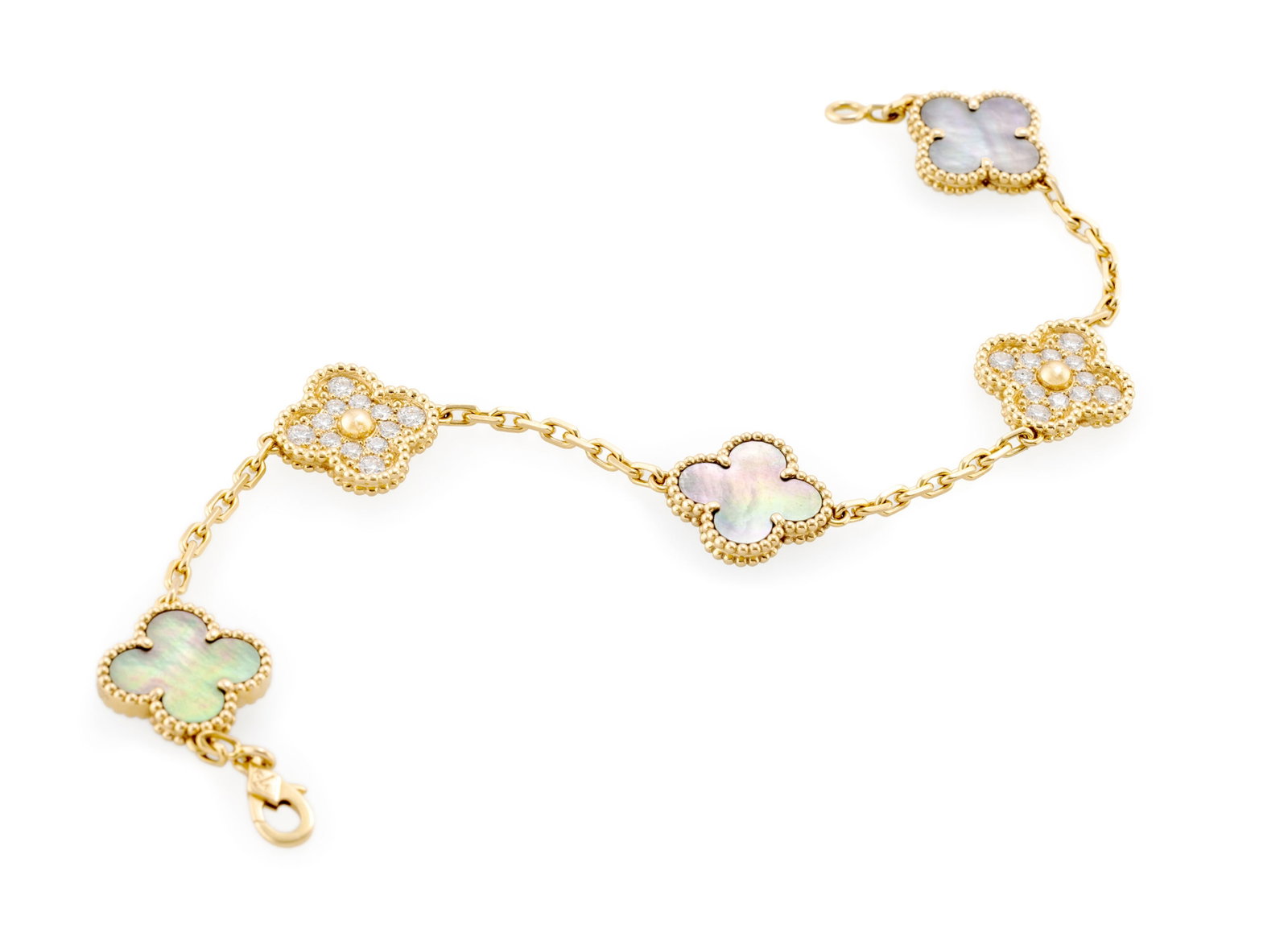 Van Cleef & Arpels, Alhambra, bracelet en or 750 orné de 5 motifs sertis de diamants taille bri - 3