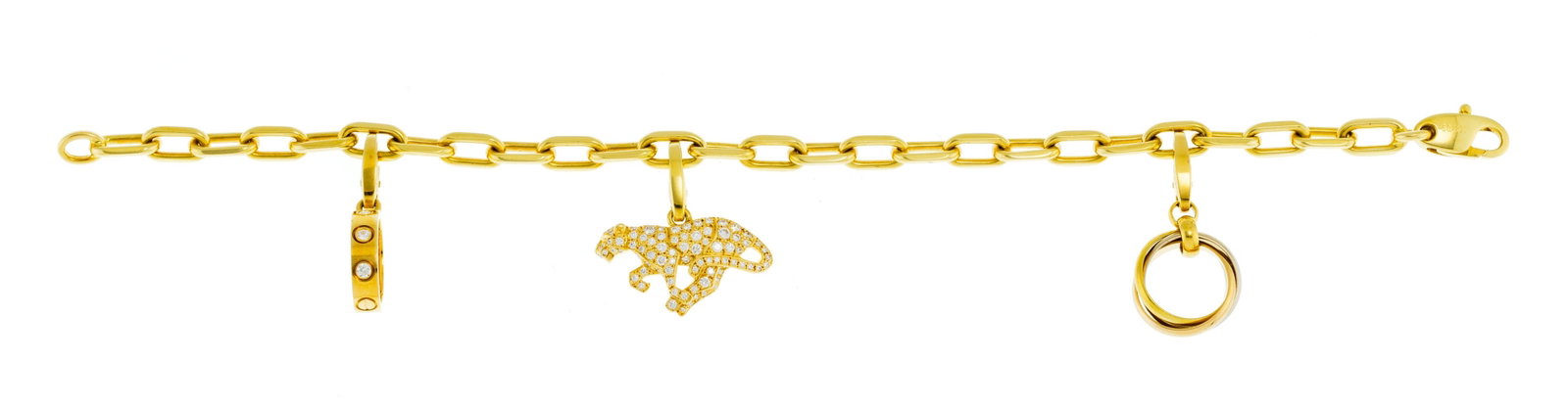 Cartier, bracelet charms or 750 retenant une panthère pavée de diamants taille brillant, u: Cartier, bracelet charms or 750 retenant une panthère pavée de diamants taille brillant, un anneau love serti de diamants taille brillant et un anneau Trinity 3 ors, signés, numéro