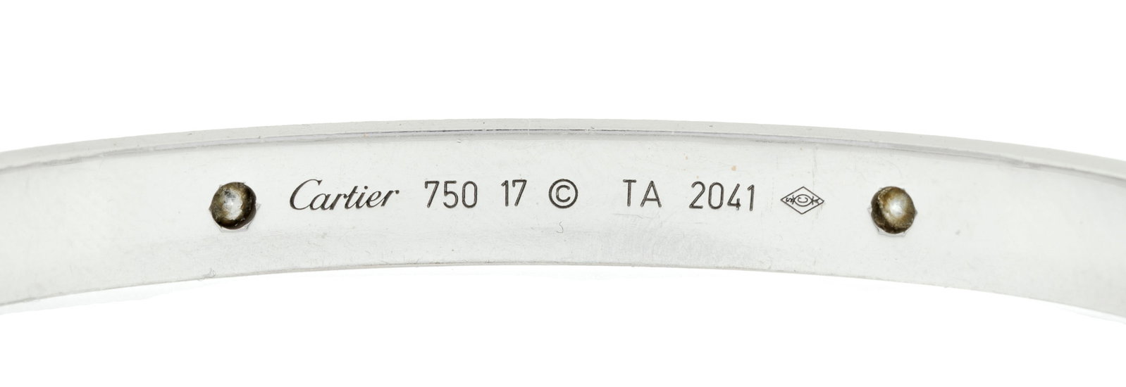 Cartier, Love, bracelet rigide en or gris 750, signé, numéroté TA2041, circ. 17 cm, 3 - 4