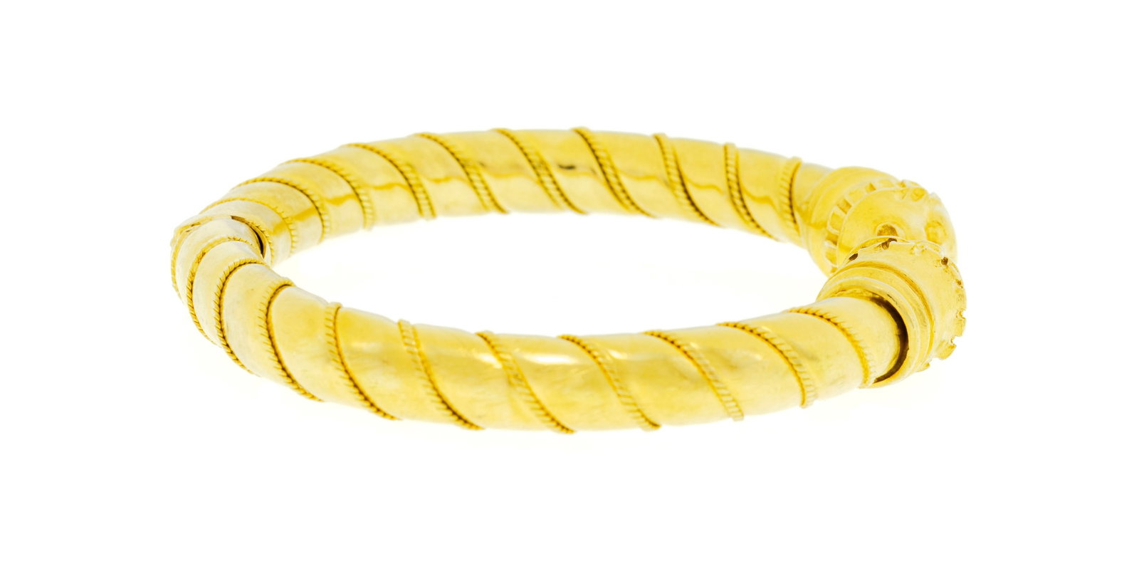 Lalaounis, bracelet rigide or 750 effet torsadé opposant deux têtes de lion ciselées, - 2