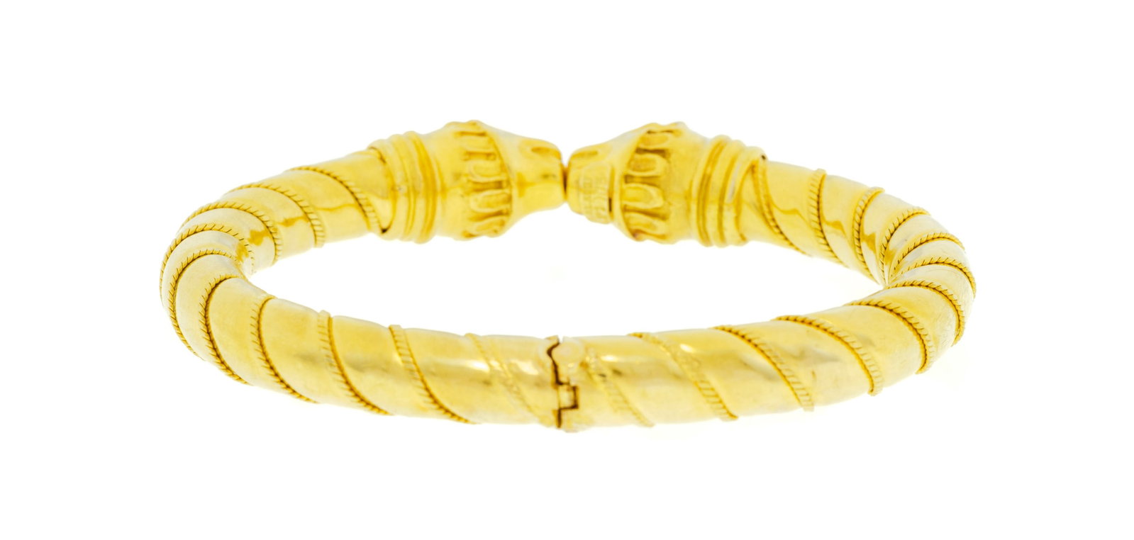 Lalaounis, bracelet rigide or 750 effet torsadé opposant deux têtes de lion ciselées, - 3
