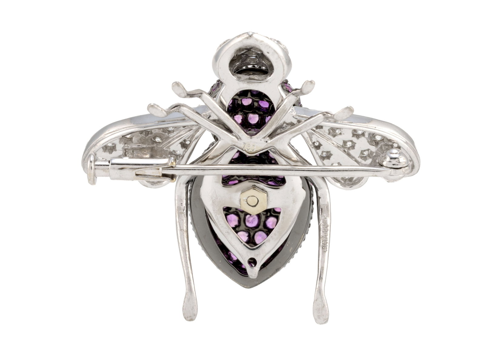 Sabbadini, broche abeille en or gris 750 pavée de saphirs roses et de diamants taille brillant, - 3
