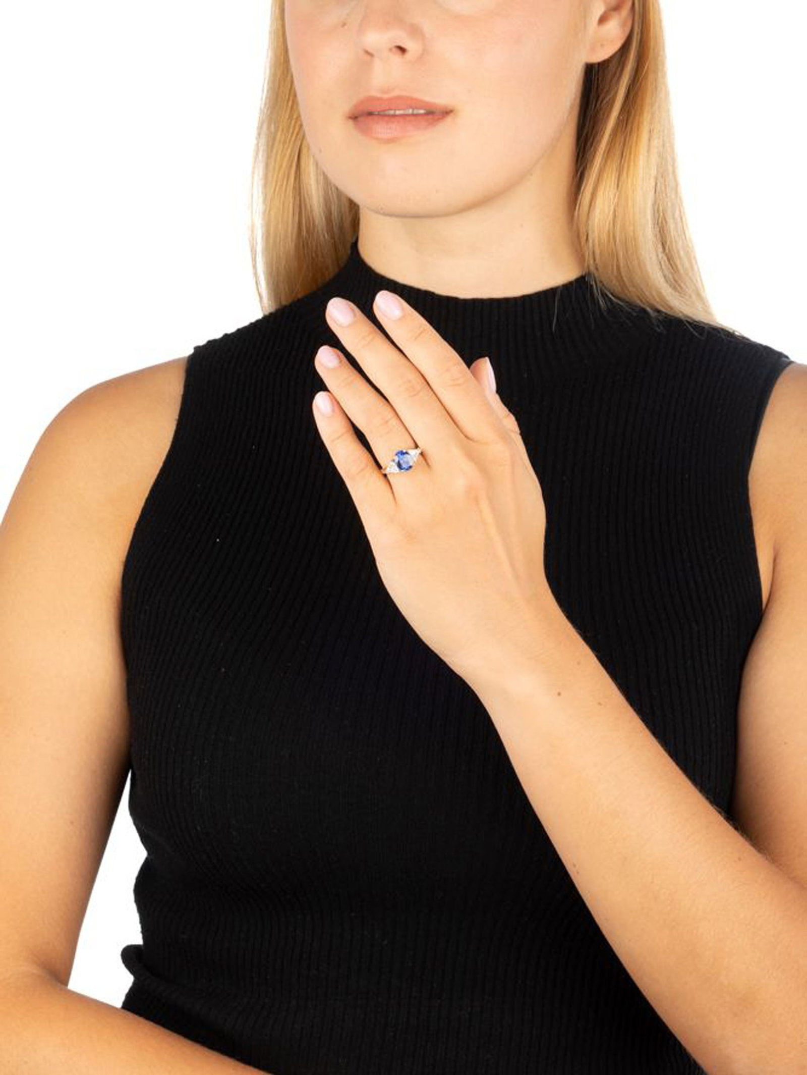 Bague or 750 et platine sertie d'un saphir ovale (env. 2.6 ct) épaulé de deux diamants tai - 5