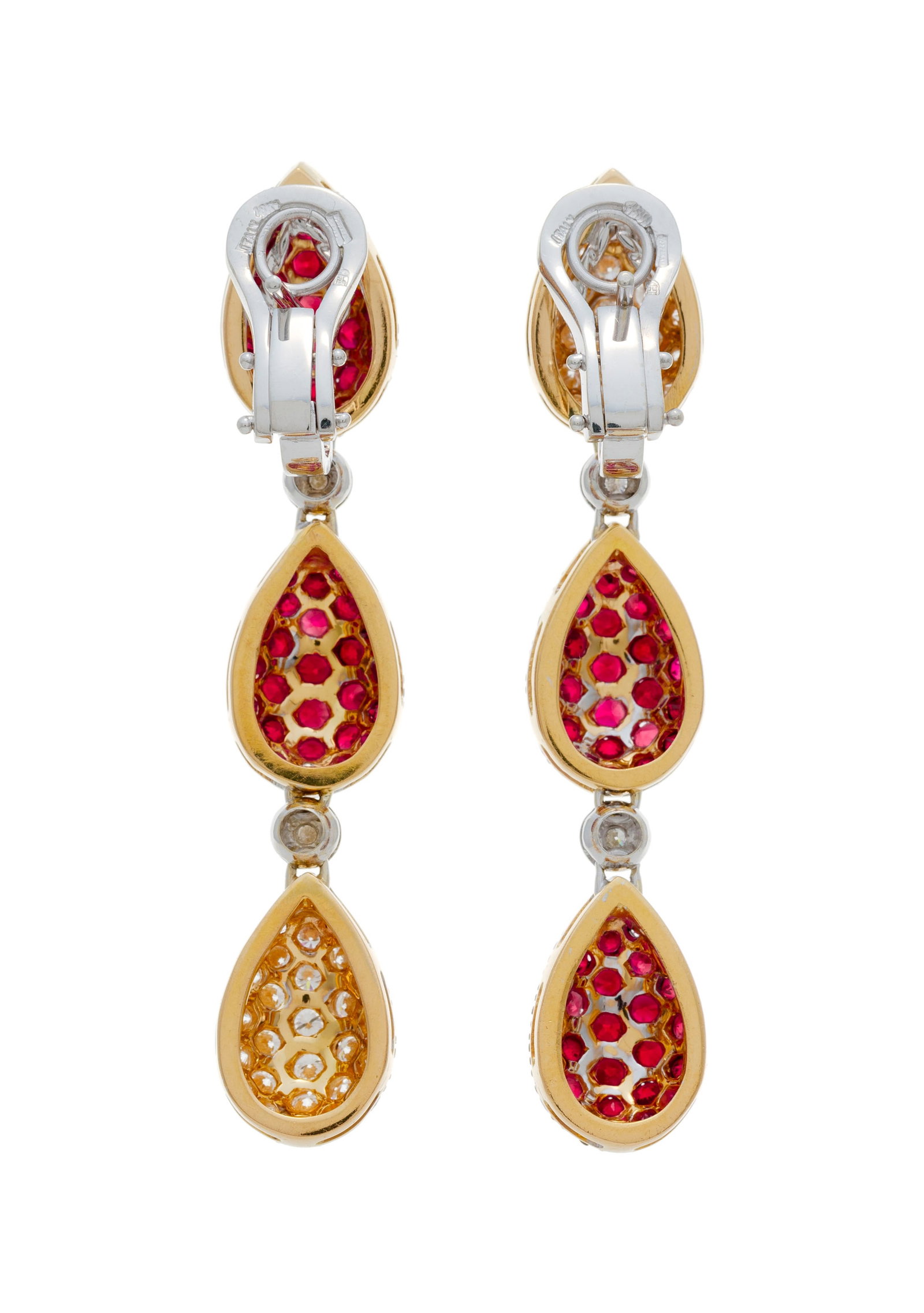 Paire de pendants d'oreilles 2 ors 750 formés d'éléments piriformes bombés pav&# - 3